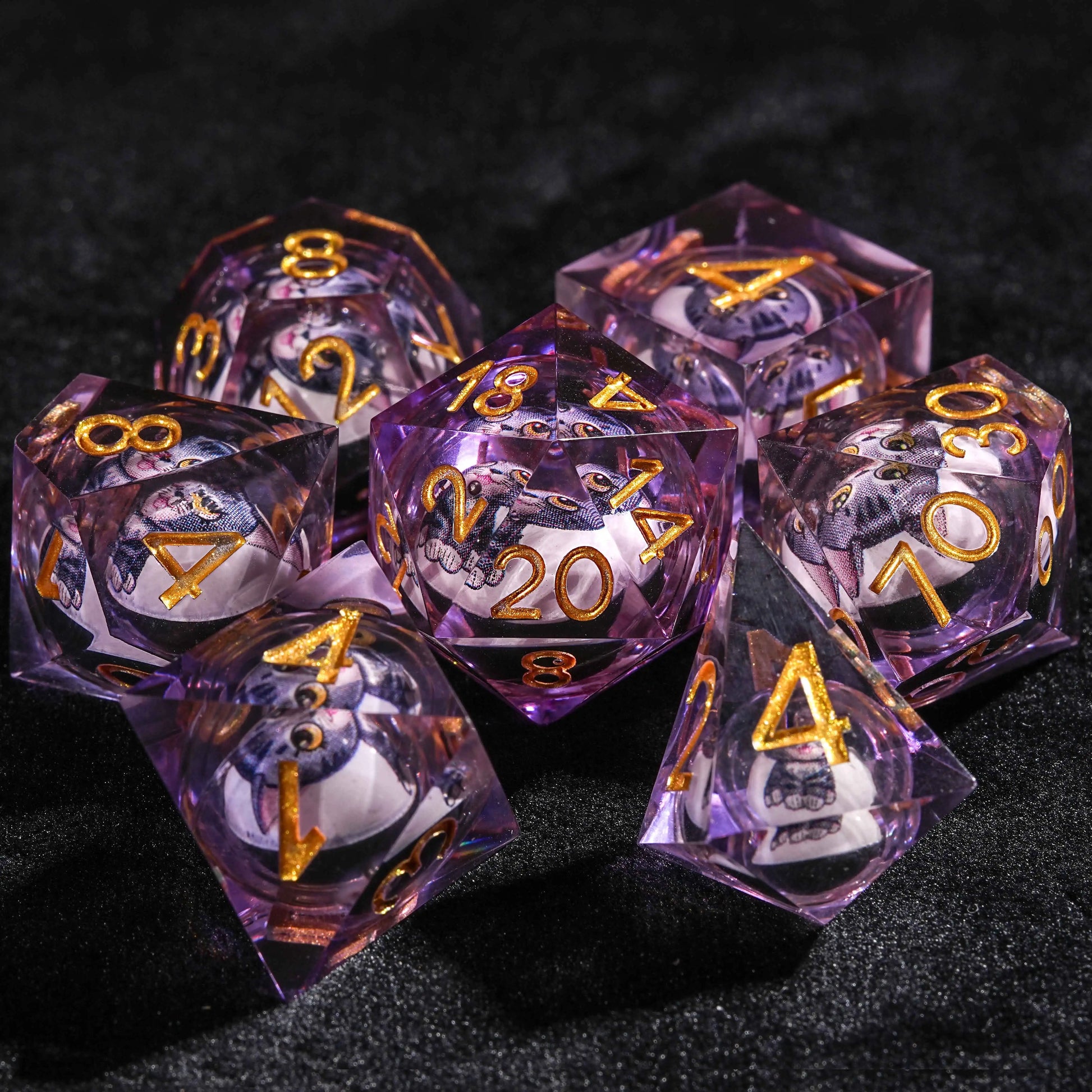 D&D Cat Liquid Core Purple Resin Dice sET| Bear Dice