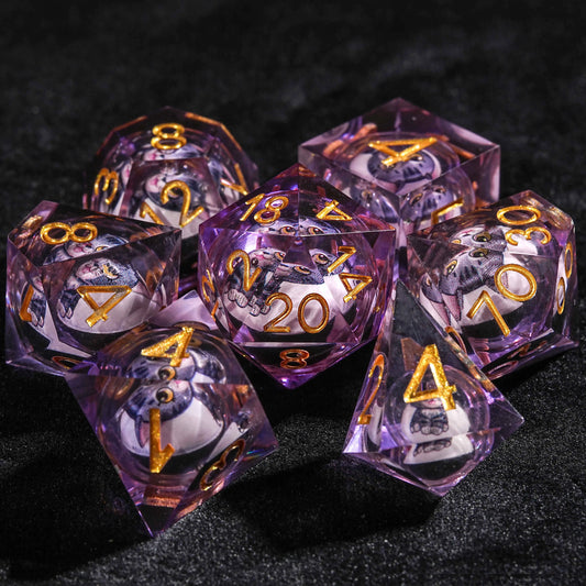 D&D Cat Liquid Core Purple Resin Dice Set