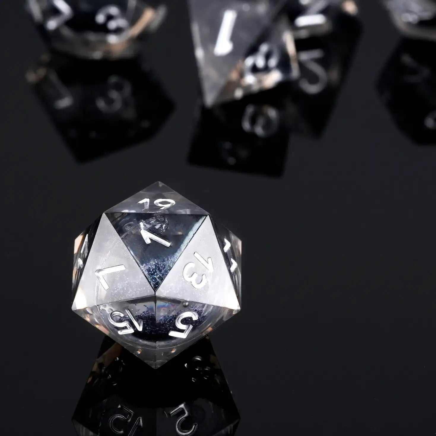 Resin  d20 dice set Black quicksand glitter core Silver engraving | Bear Dice