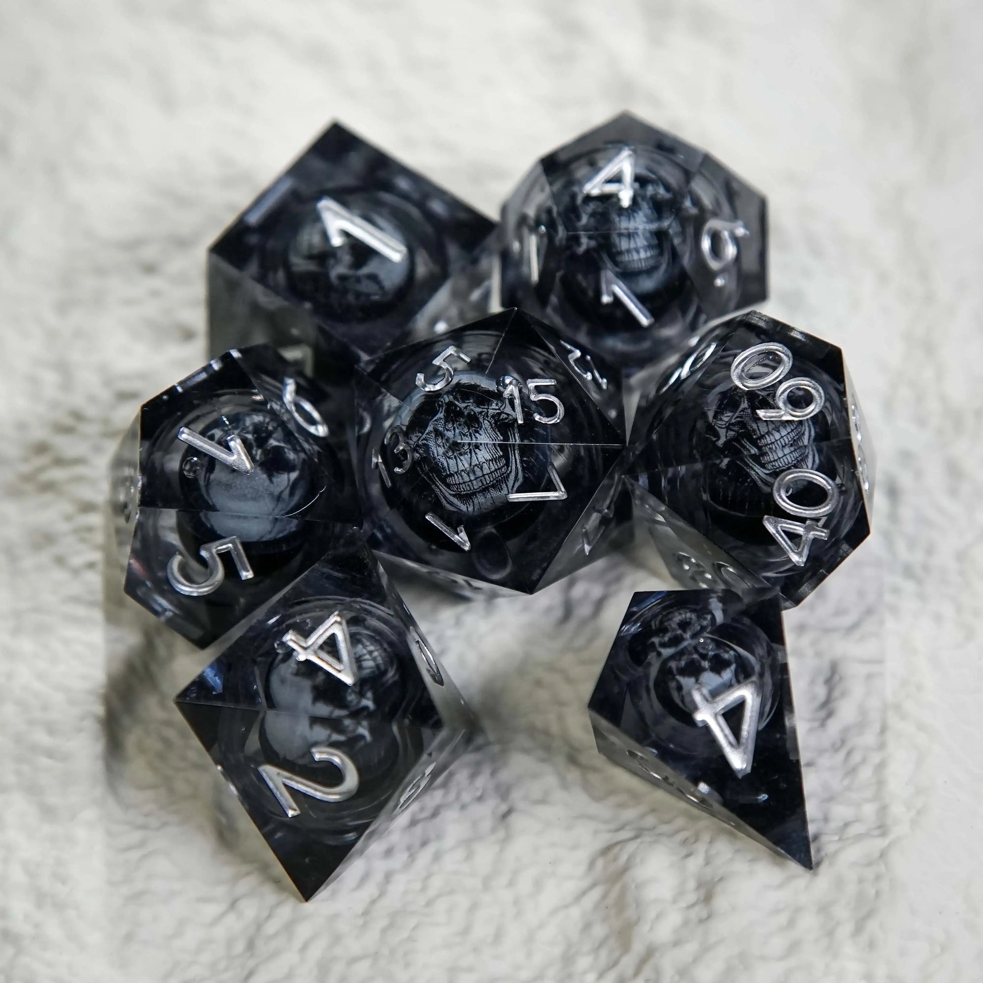 Dark Sorcerer's Skull Frame Liquid Core Resin Dice  Set + Silver Font | Bear Dice