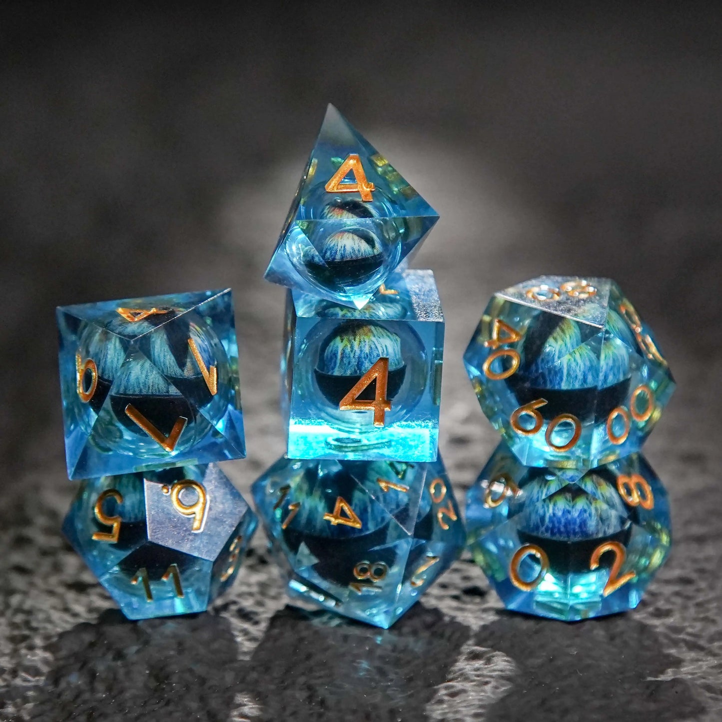 Blue Dragon's Eye Liquid Core Resin DND Dice Set + Gold Numbers | Bear Dice