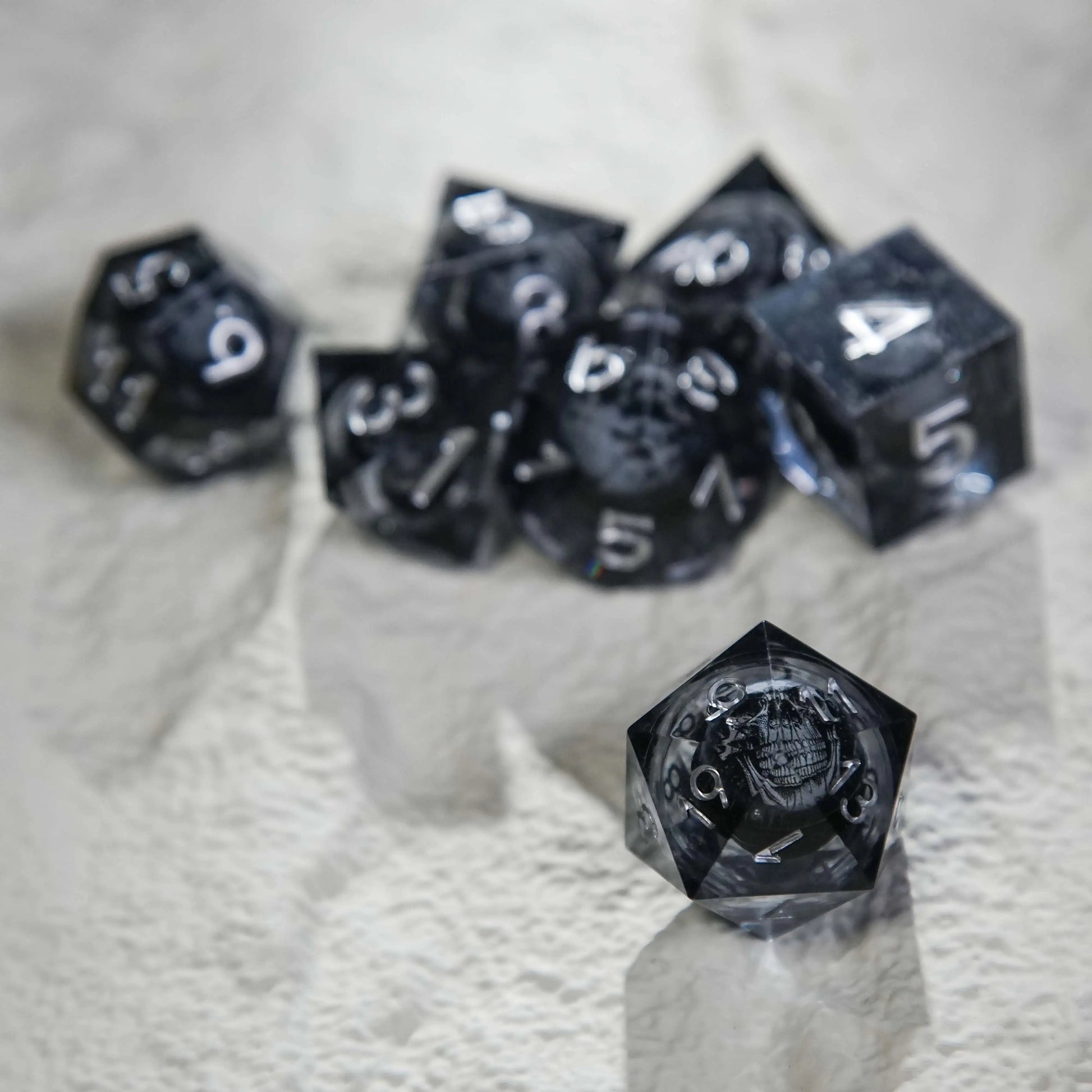 Dark Sorcerer's Skull Frame Liquid Core Resin Dice  Set Silver Font | Bear Dice