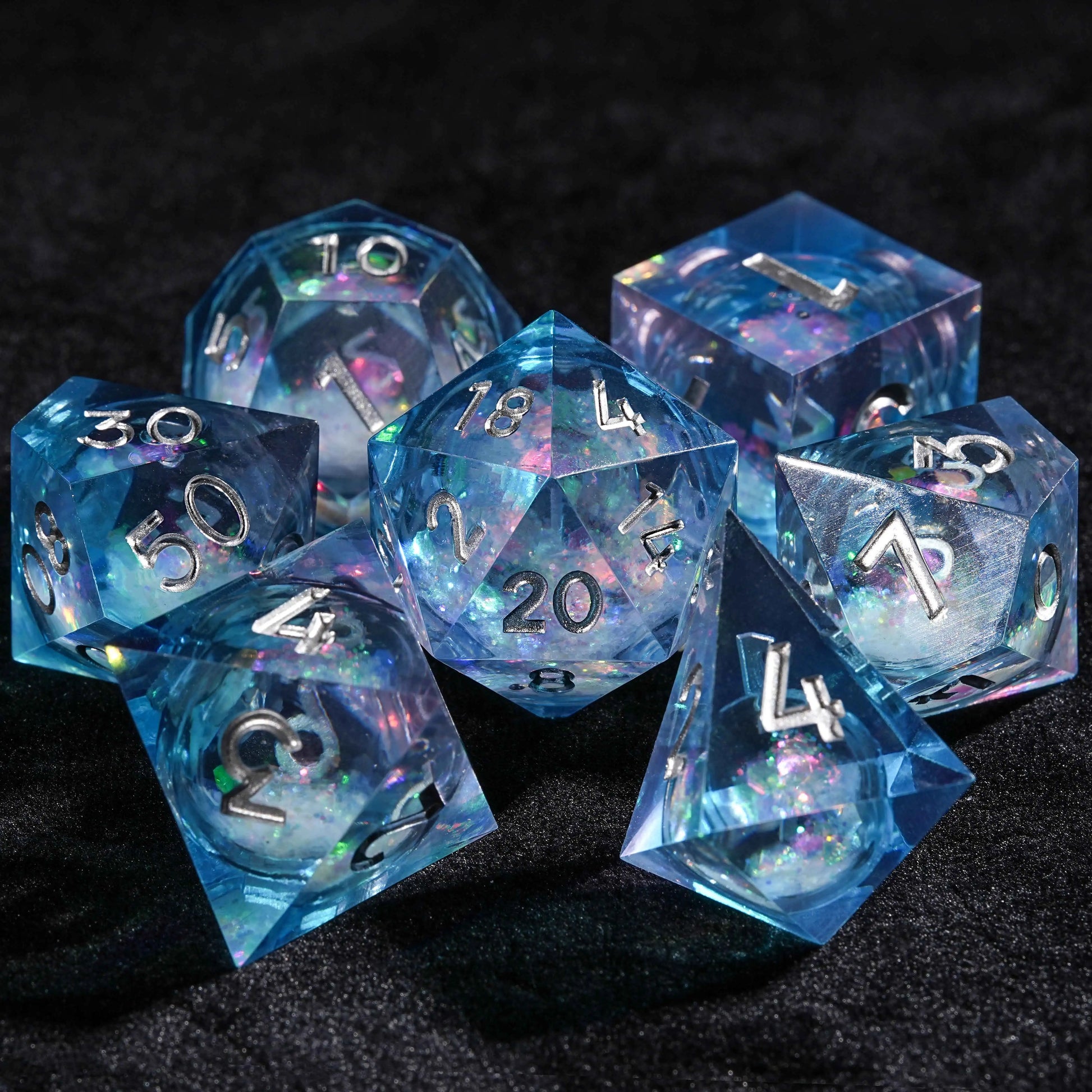 Blue resin dice  set with colorful sequin quicksand cores | Bear Dice