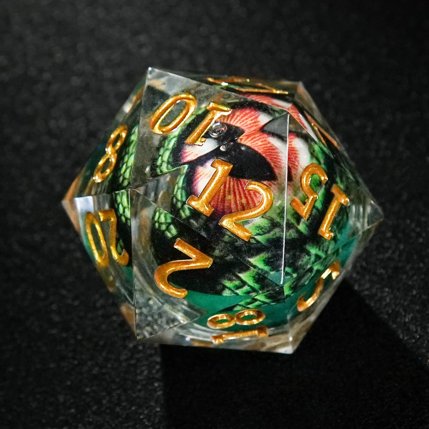 35 mm Dragon's Eye Liquid Core D20 Resin Dice + Gold Numbers | Bear Dice