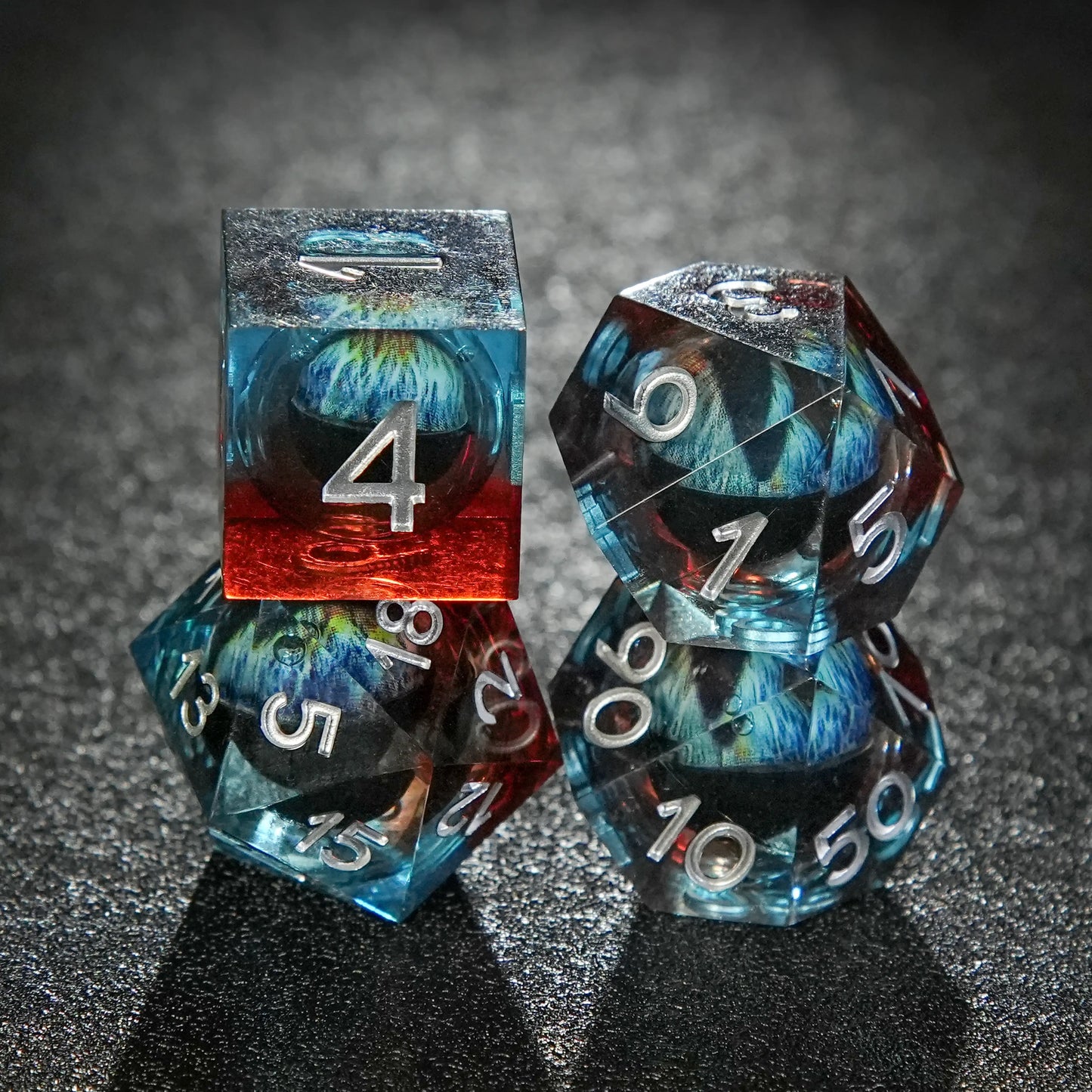 Blue and Red Transparent Liquid Core Dragon Eye Resin DND D6 Dice + D10 Dice + D% Dice +D20 Dice + Silver Numbers | Bear Dice