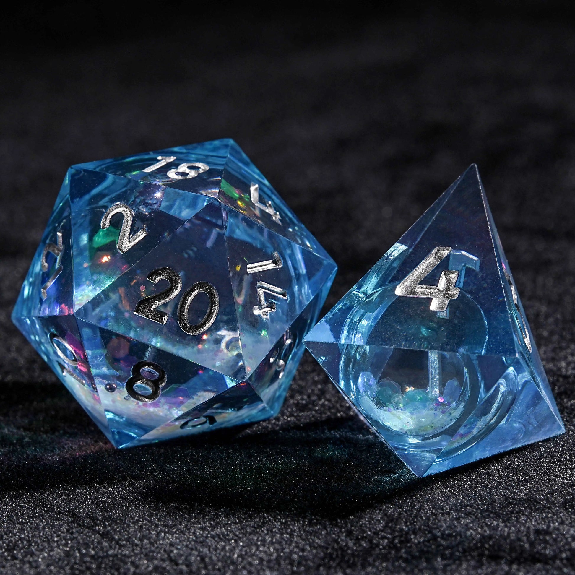 Blue resin D20、D4 dice with colorful sequin quicksand cores | Bear Dice