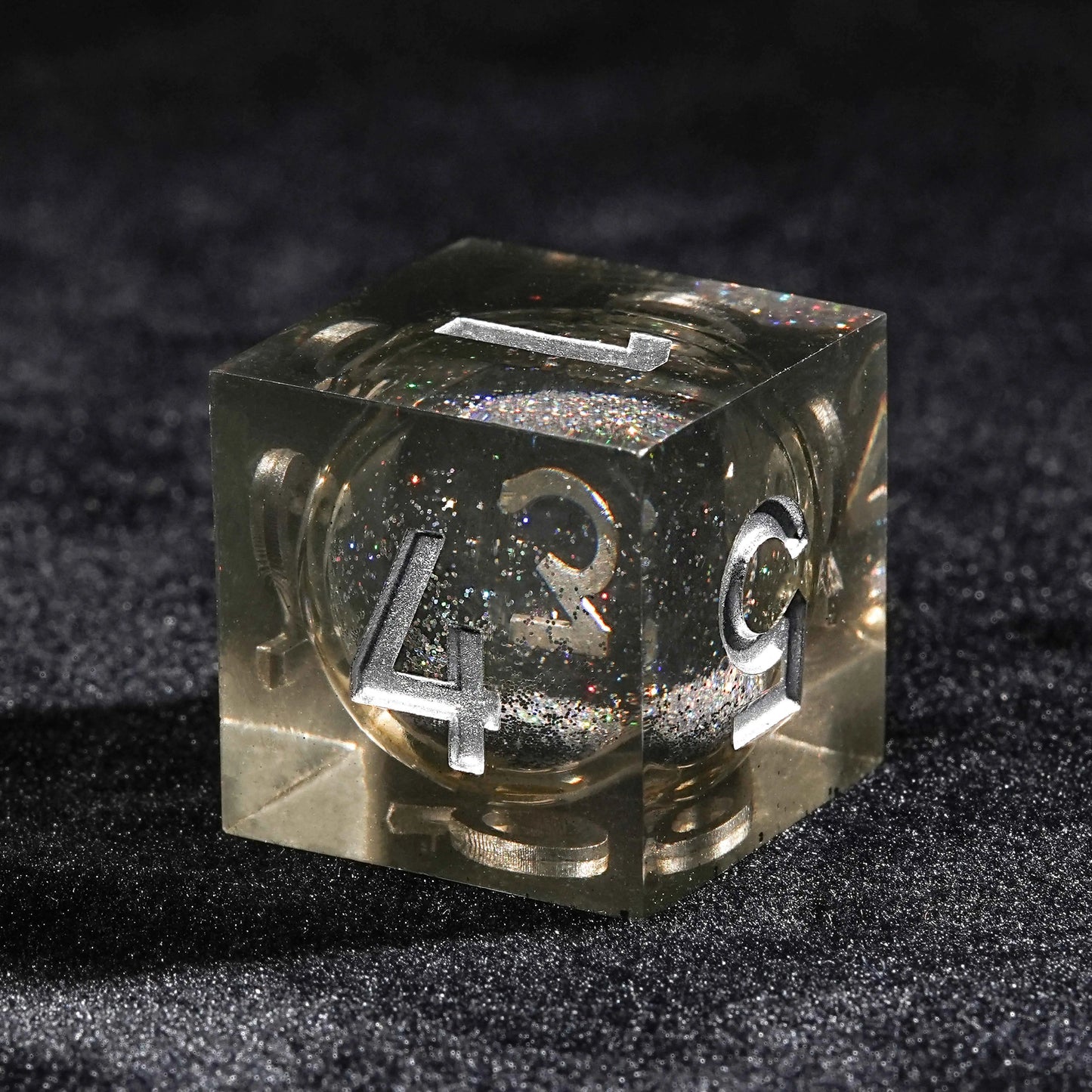 Gray Transparent Color Liquid Core Resin DND D6 Dice + Silver Numbers | Bear Dice