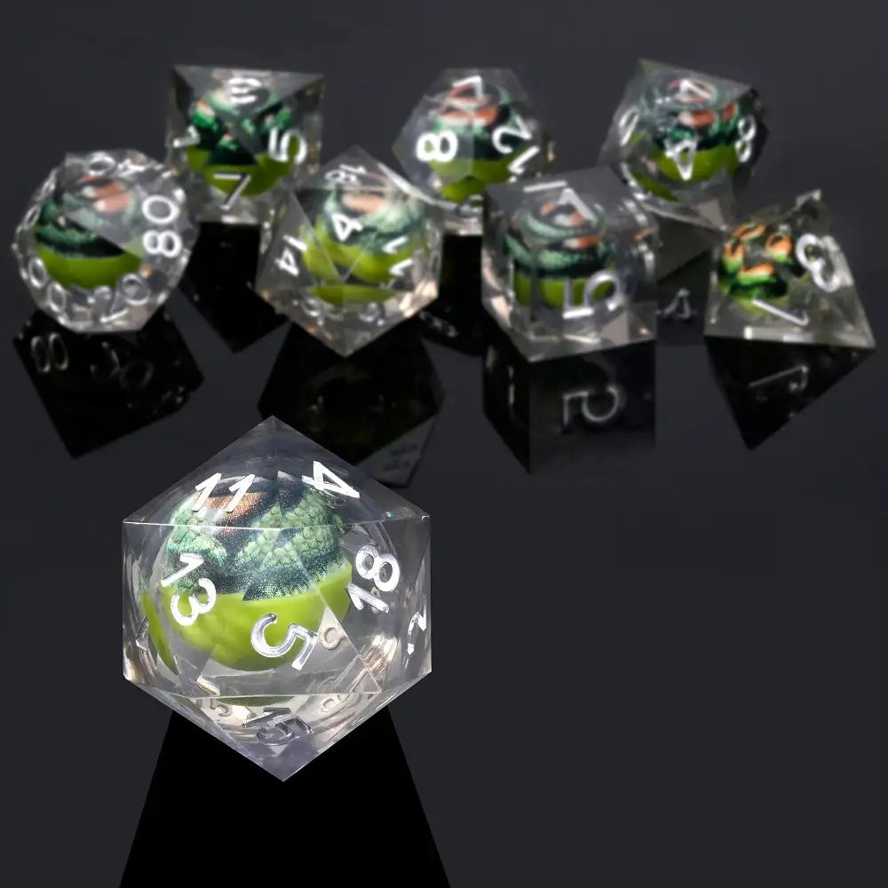 Green Crocodile Eye Core Resin DND  D20 Dice Set + Silver Font Transparency | Bear Dice