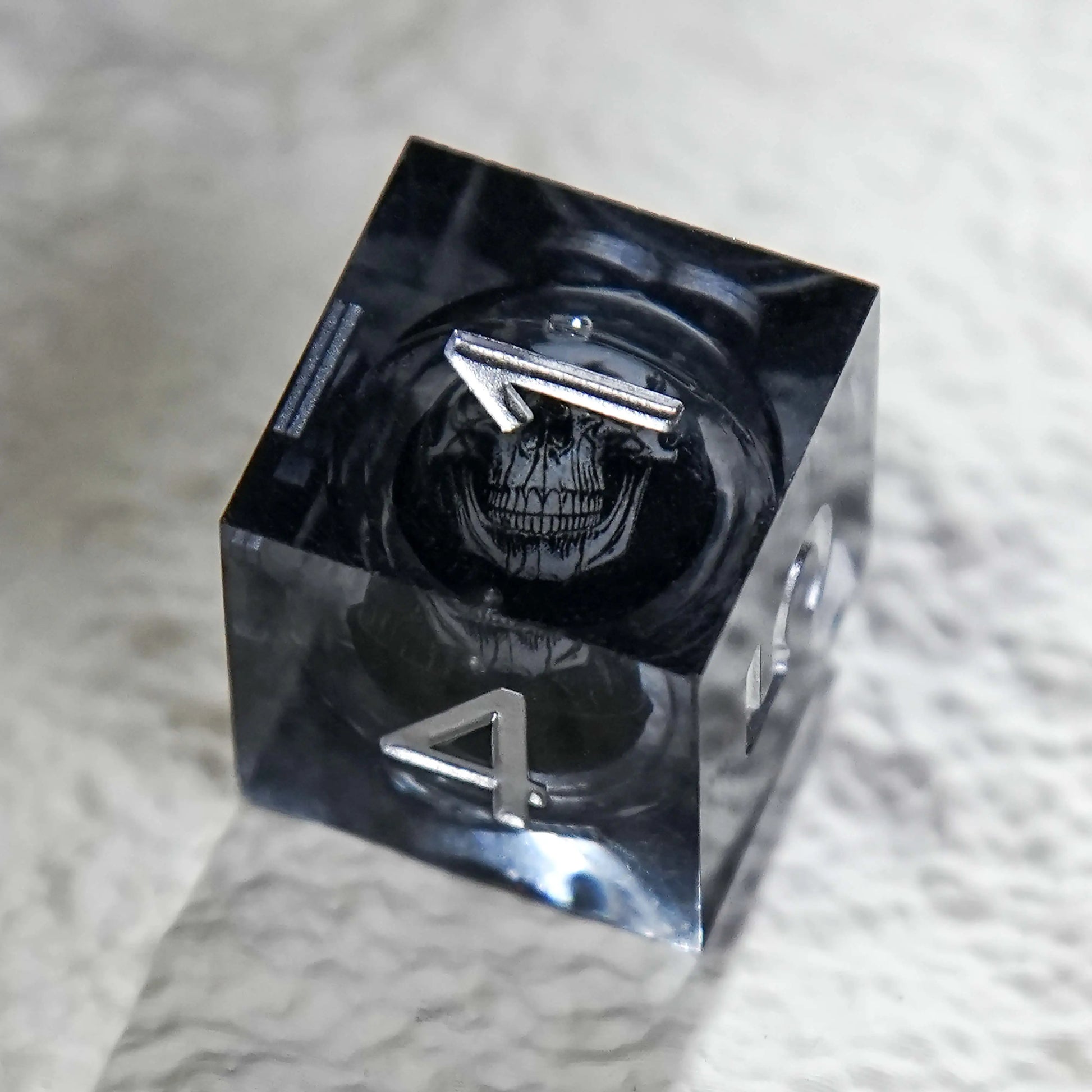 Dark Sorcerer's Skull Frame Liquid Core Resin  D6 Dice Silver Font | Bear Dice