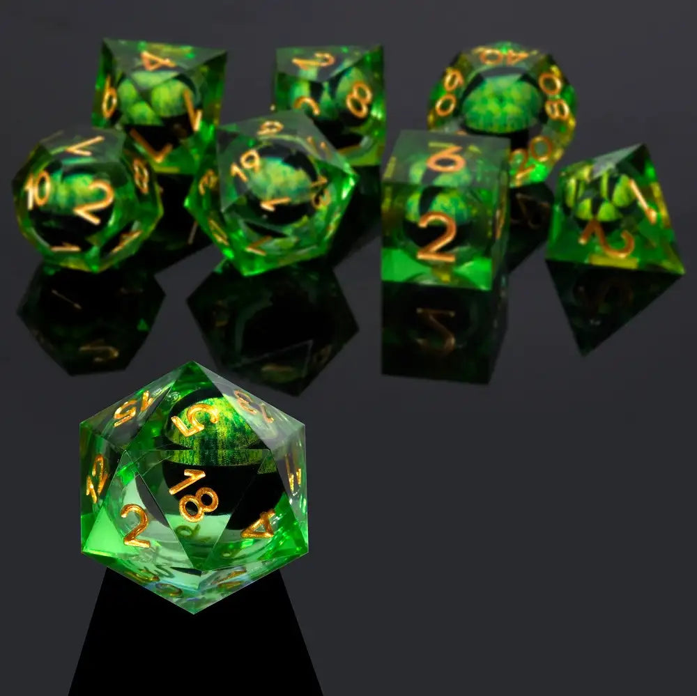 Green Sharp Edge Liquid Core Dragon Eye Resin DND D20 Dice + Gold Font | Bear Dice