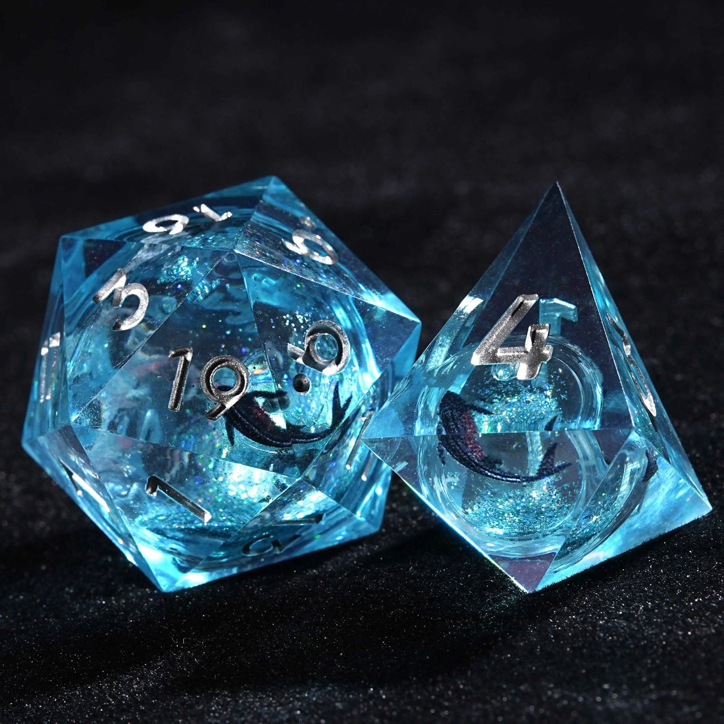 Goldfish Genie - Blue Liquid Core Resin dnd D20 Dice + D4 Dice + Silver Numbers | Bear Dice