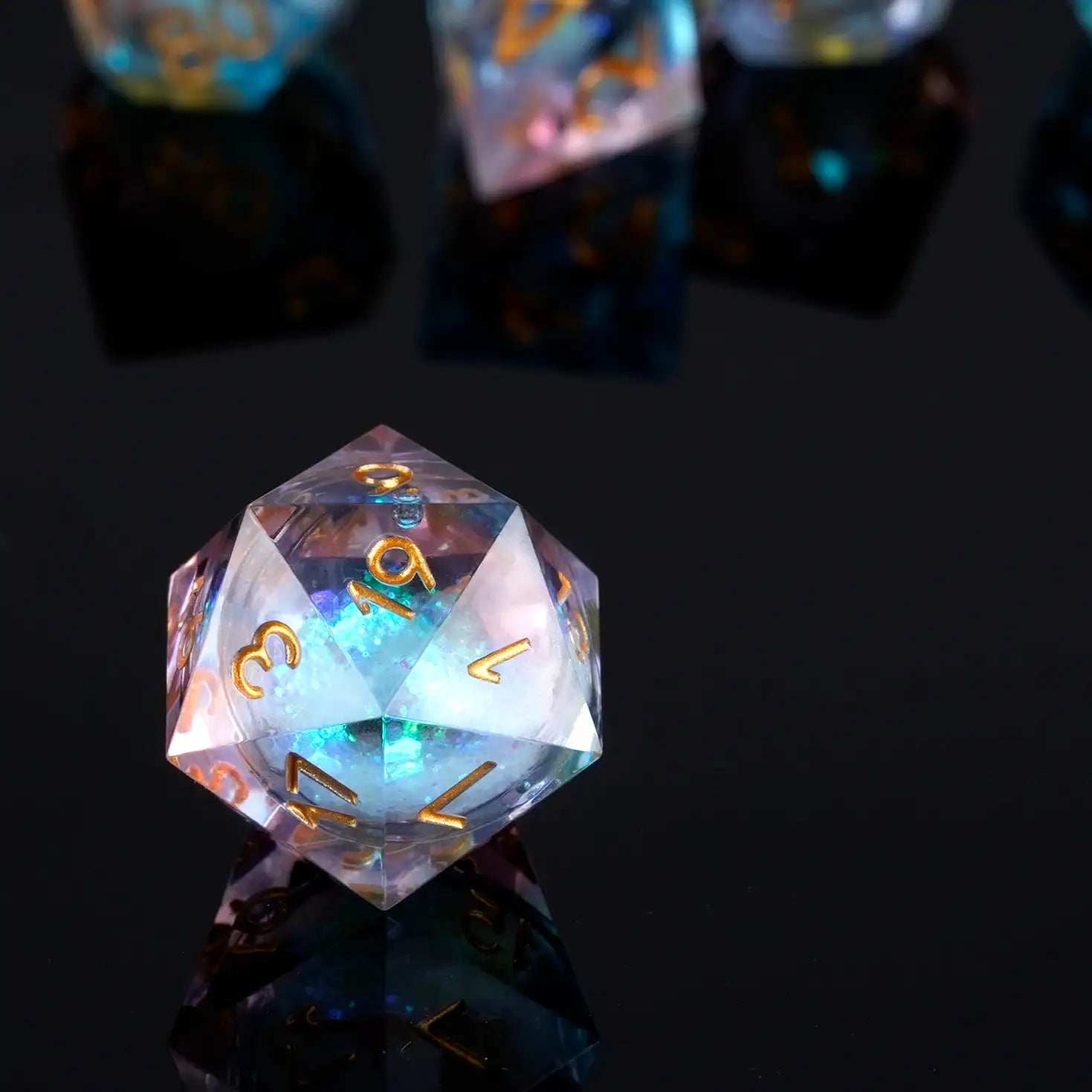 Clear Powder Blue Resin D20 Dice Quicksilver Glitter with Inlaid Gold Lettering | Bear Dice