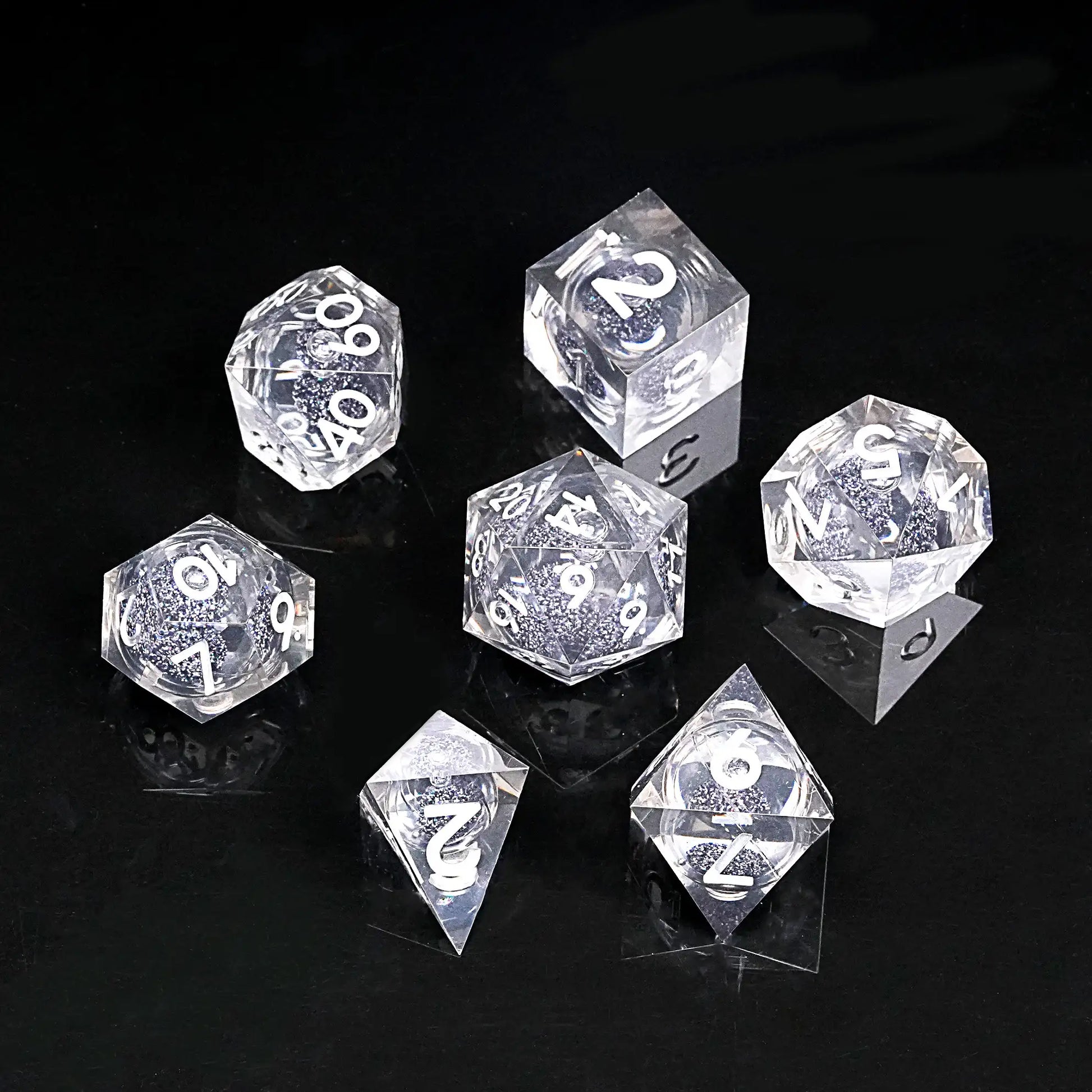 Resin  dice set Black quicksand glitter core Silver engraving | Bear Dice