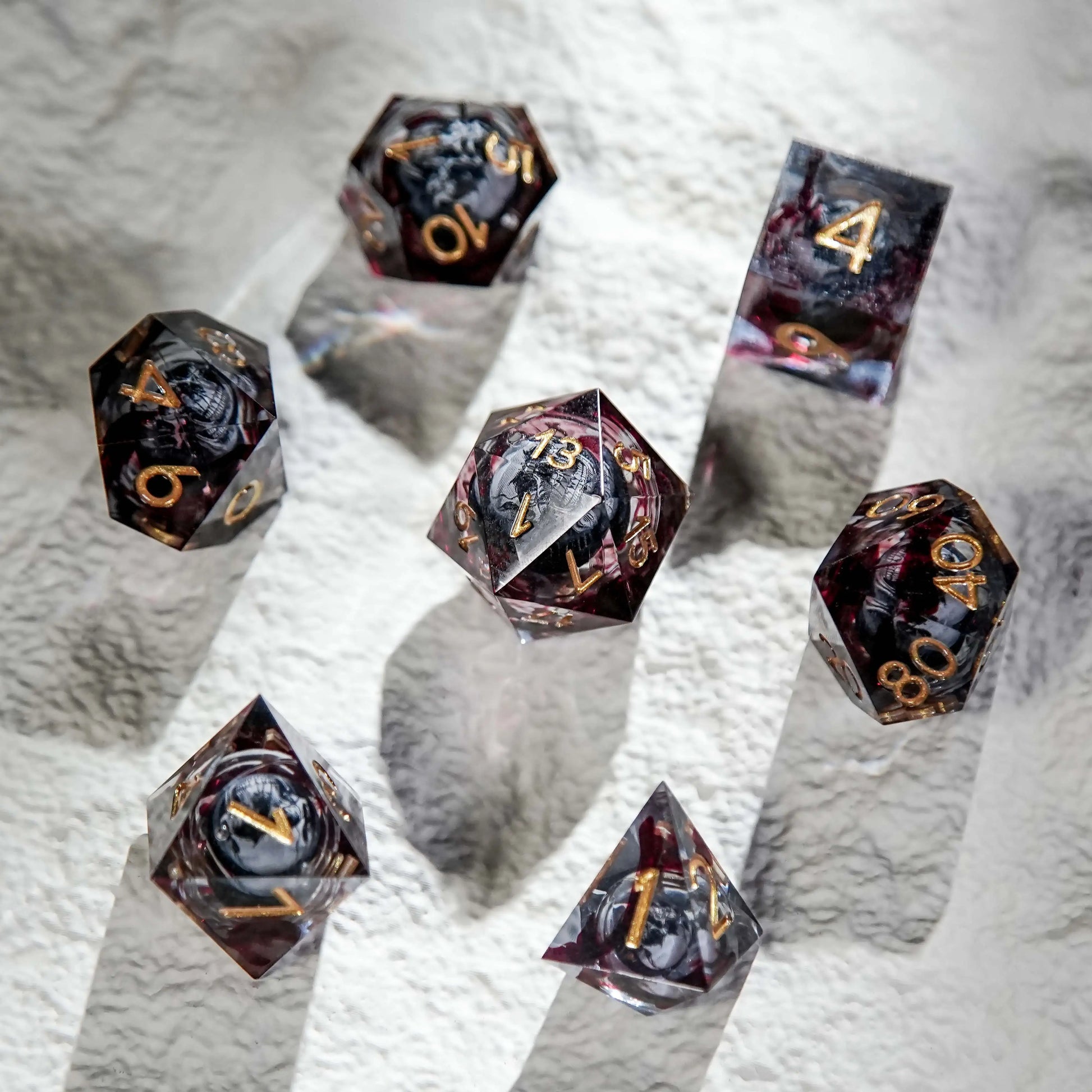 Blood Red Skull Core Resin DND Dice Set + Gold Font | Bear Dice