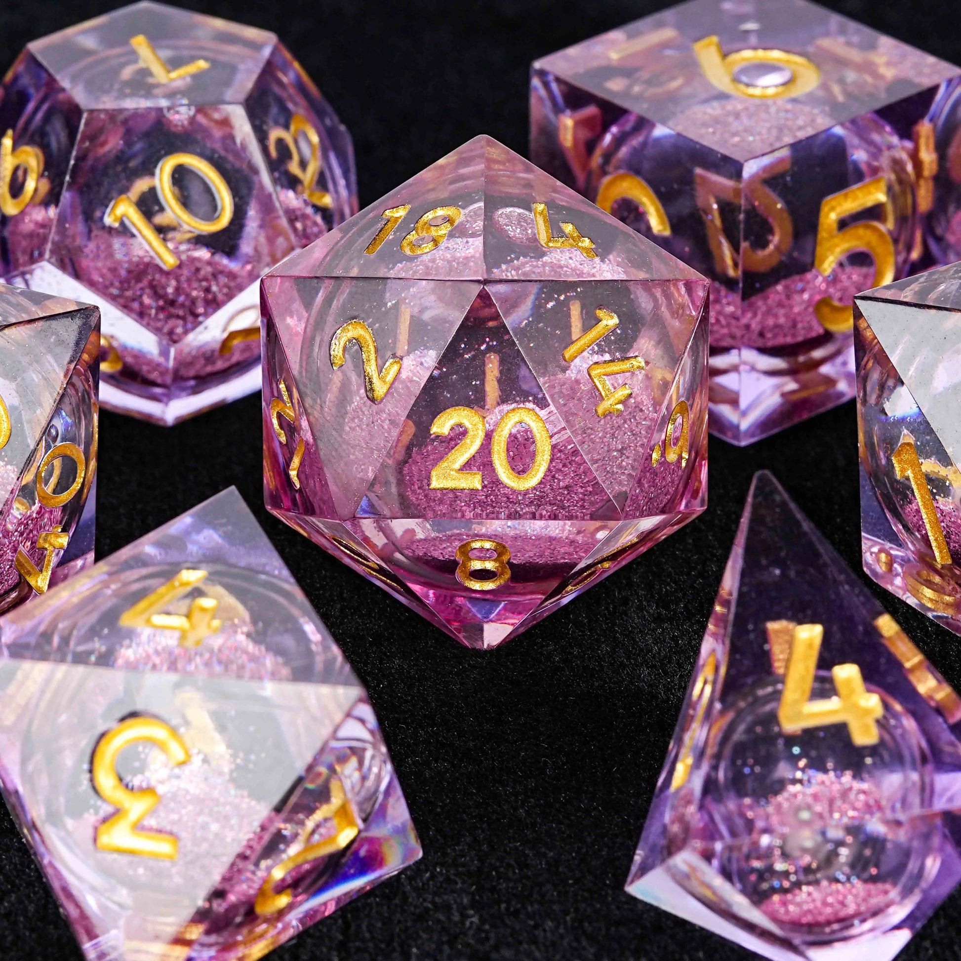 Sharp Edge Purple Quicksand Liquid Core Resin DND Dice Set + Gold Font | Bear Dice