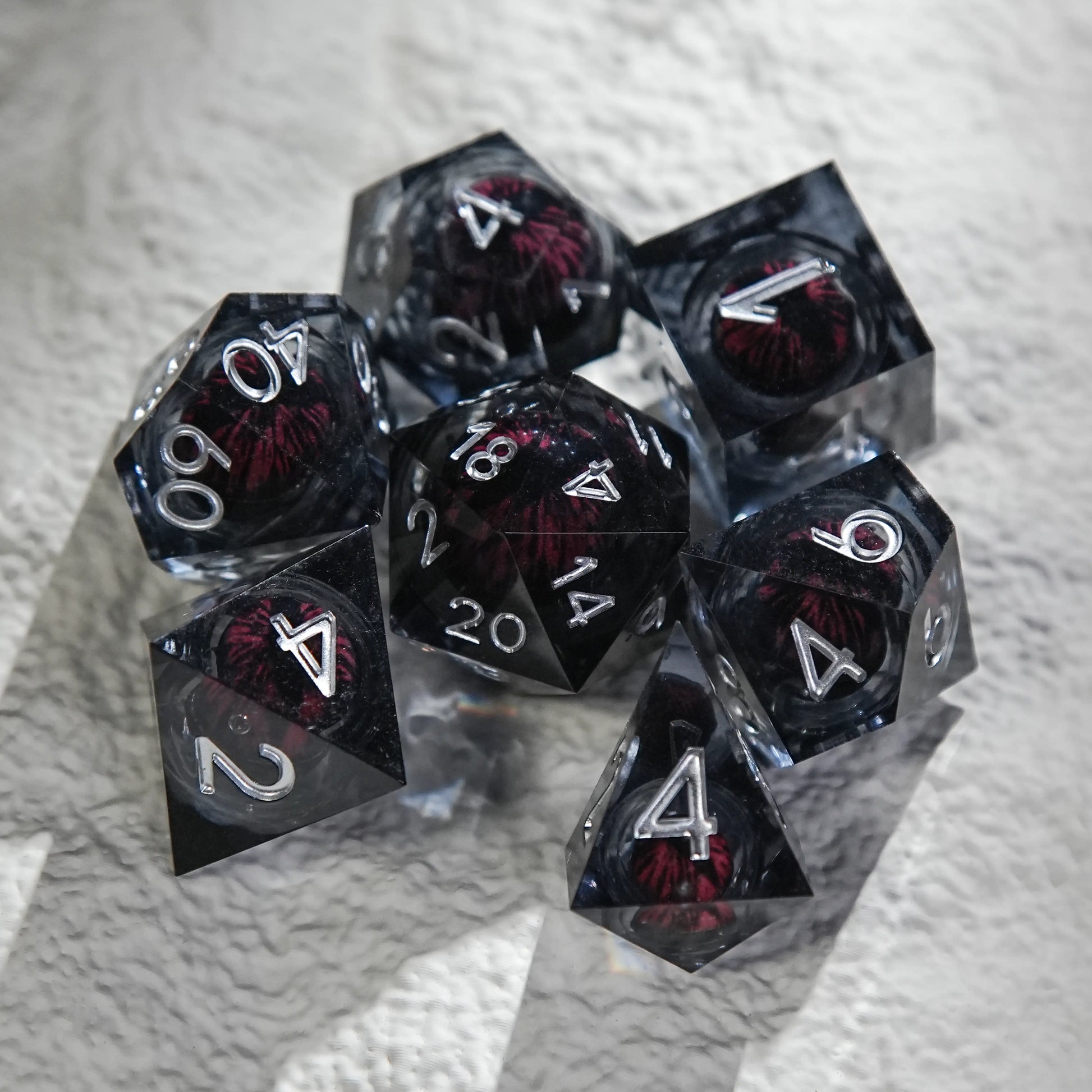 Black Resin Core DND Dice Set + Silver Font | Bear Dice