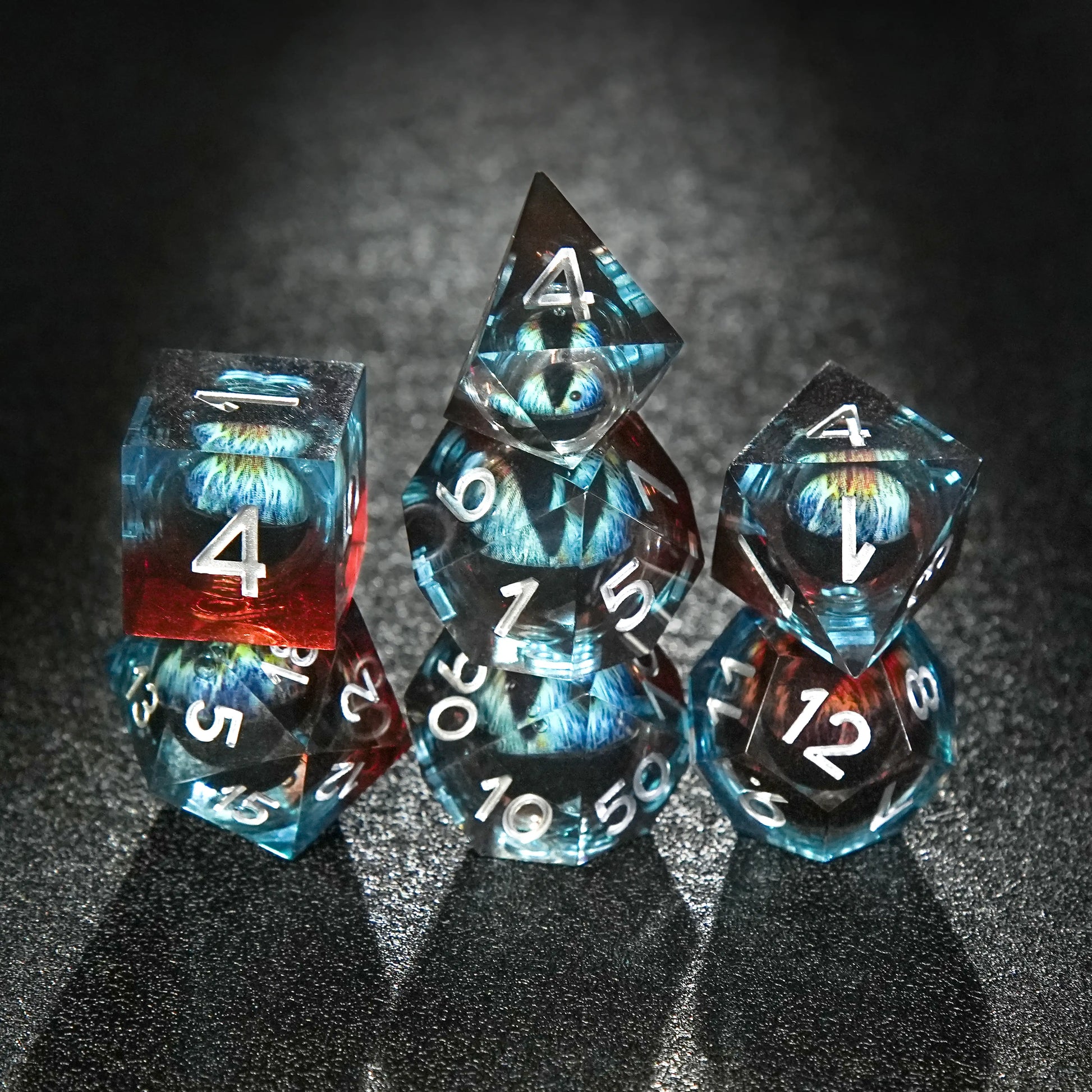 Blue and Red Transparent Liquid Core Dragon Eye Resin DND Dice Set + Silver Numbers | Bear Dice