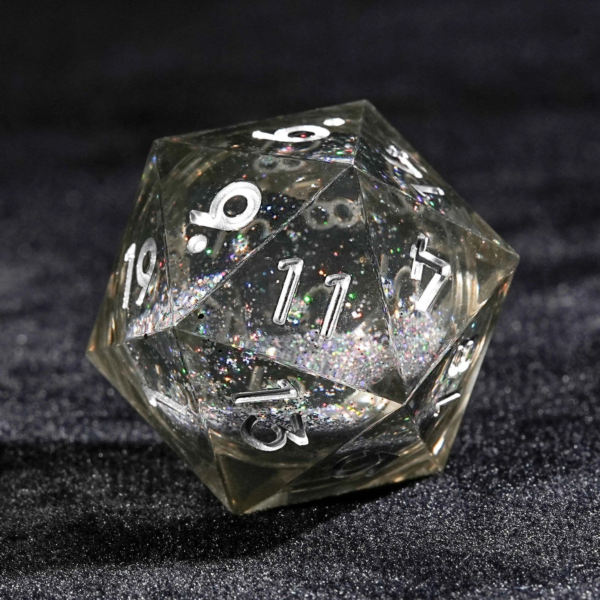 Gray Transparent Color Liquid Core Resin DND D20 Dice + Silver Numbers | Bear Dice