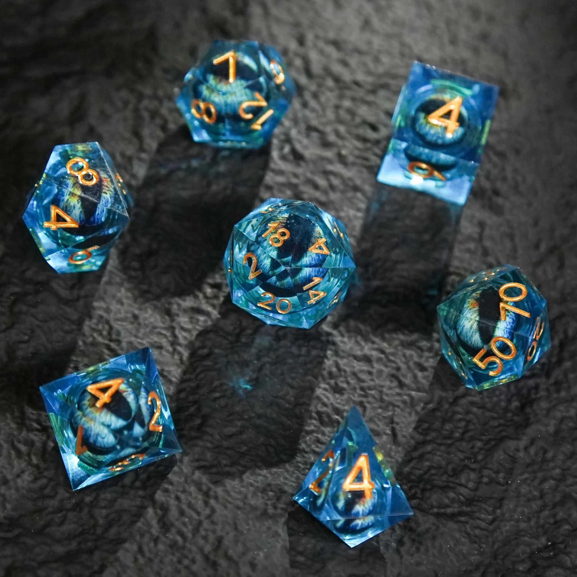 Blue Dragon's Eye Liquid Core Resin DND Dice Set + Gold Numbers | Bear Dice