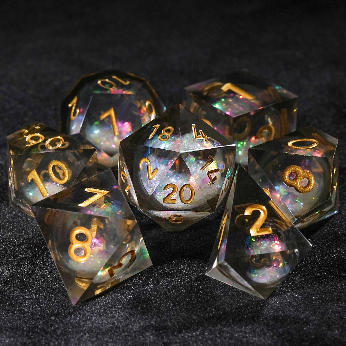 Colorful Liquid Core Resin DND Dice Set + Gold Font | Bear Dice