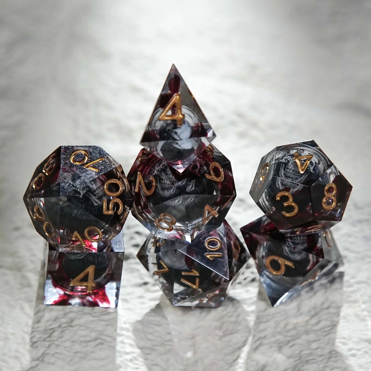 Blood Red Skull Core Resin DND Dice Set + Gold Font | Bear Dice