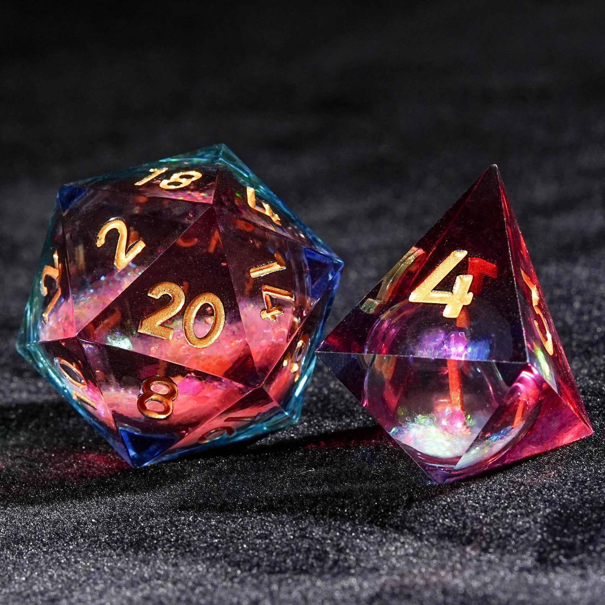 Colorful Glitter Core Quicksand Resin DND D20 Dice + D4 Dicet + Gold Font | Bear Dice