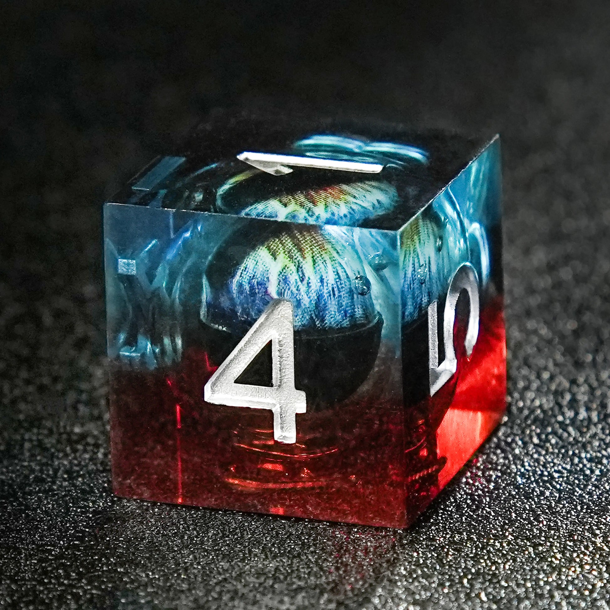 Blue and Red Transparent Liquid Core Dragon Eye Resin DND D6 Dice + Silver Numbers | Bear Dice