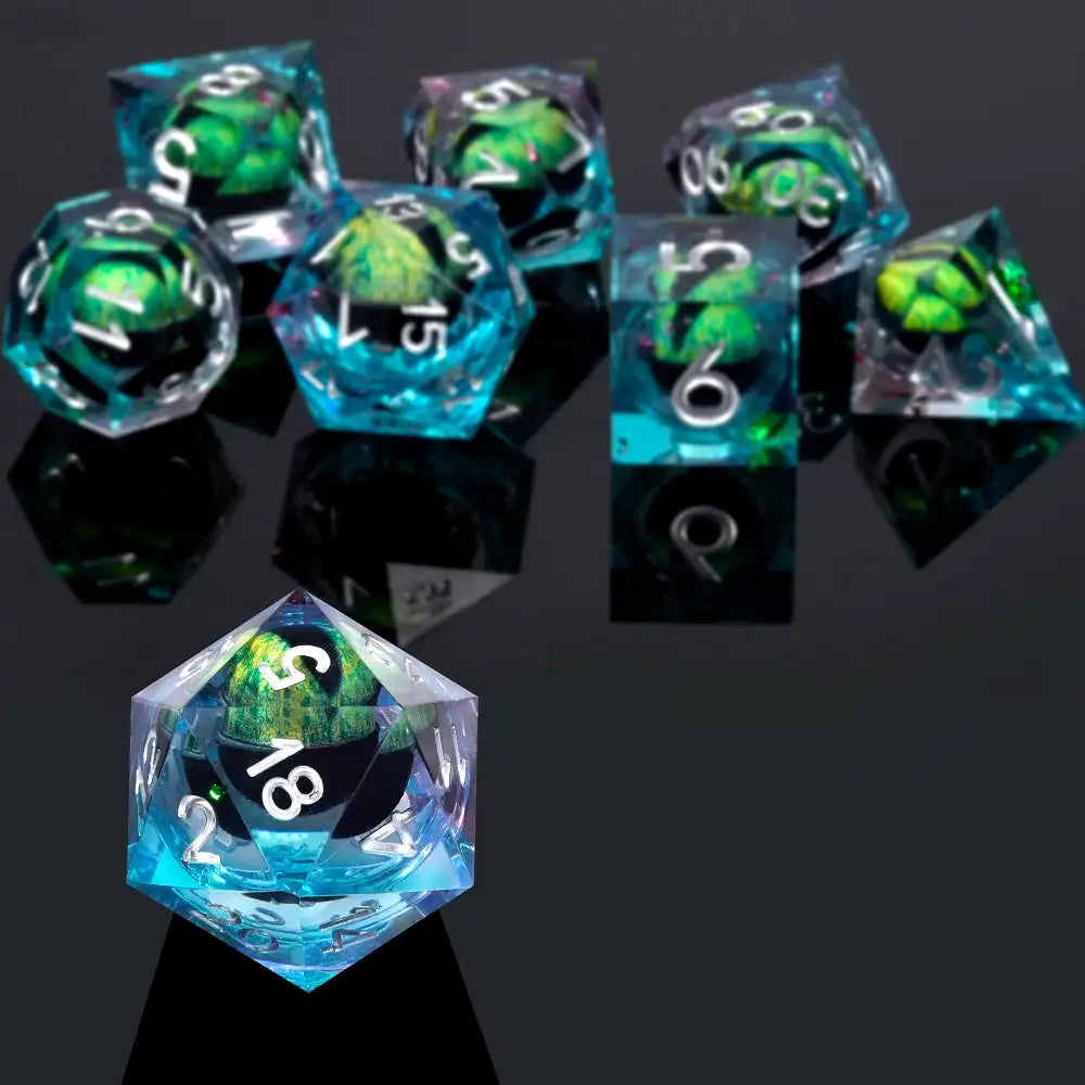 Green Dragon's Eye Liquid Core Blue and Purple Resin DND D20 Dice  + Silver Font | Bear Dice