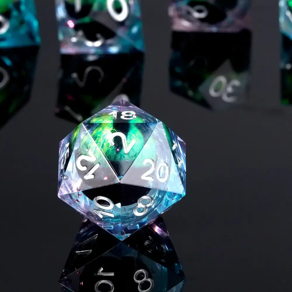 Green Dragon's Eye Liquid Core Blue and Purple Resin DND D20 Dice  + Silver Font | Bear Dice