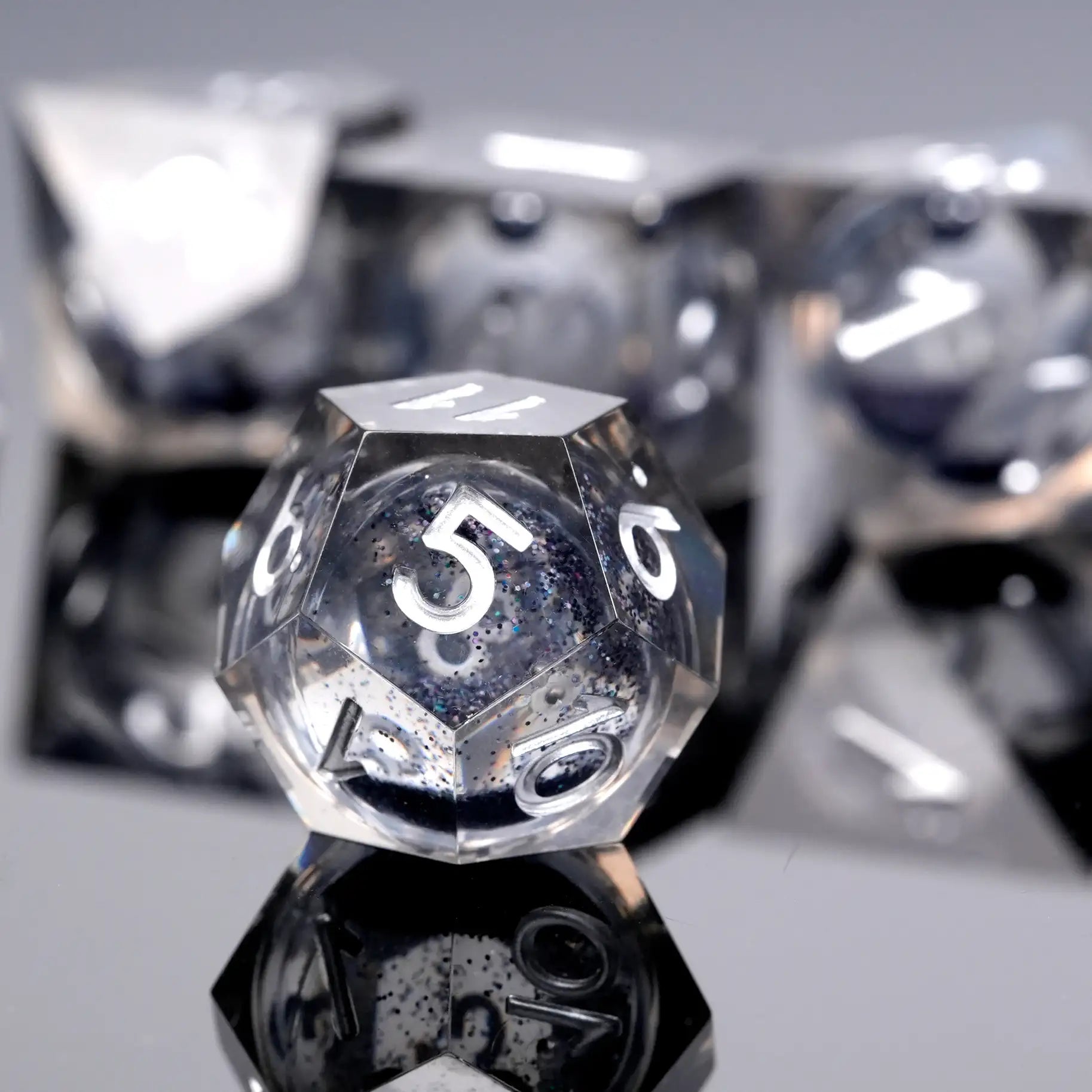 Resin  d12 dice set Black quicksand glitter core Silver engraving | Bear Dice