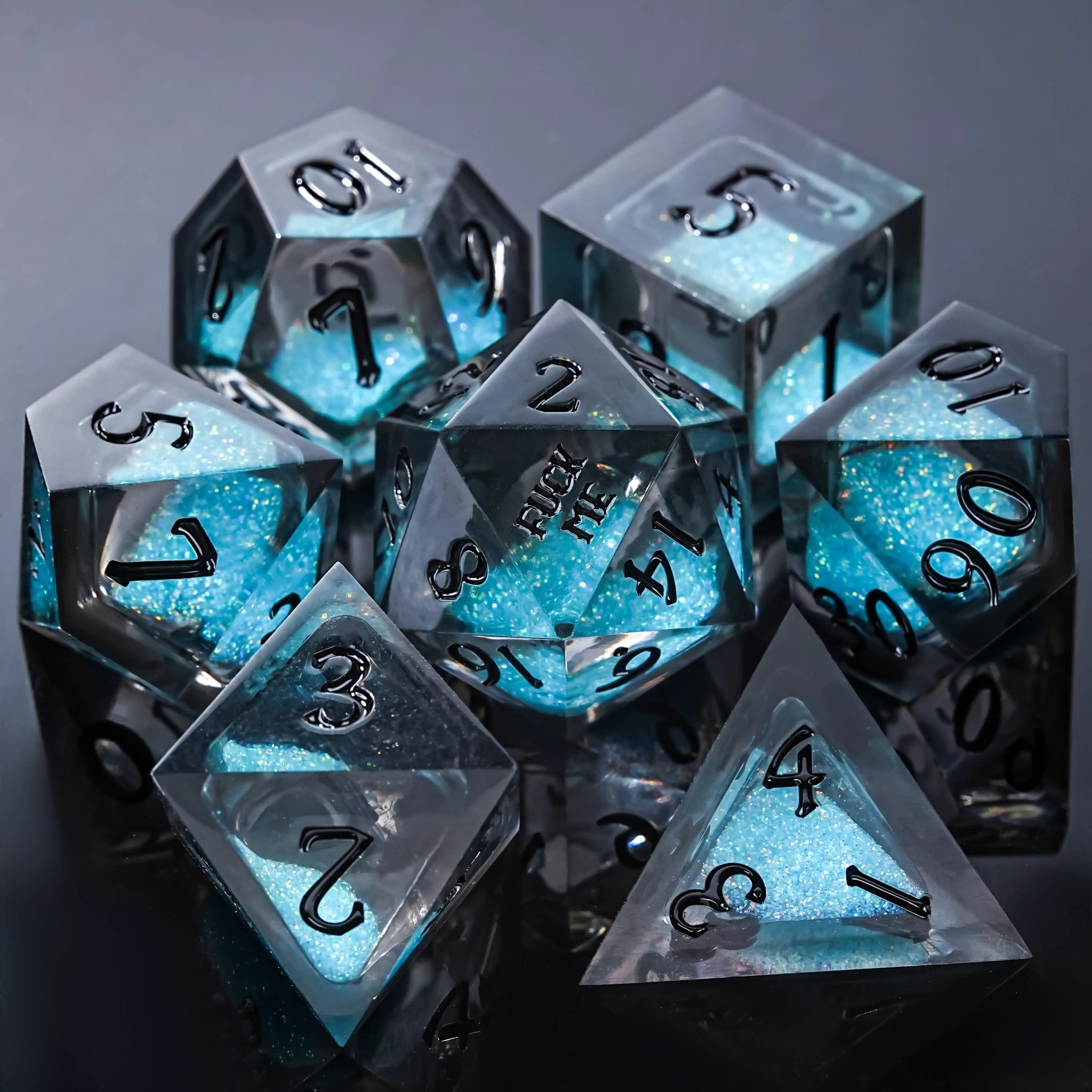 Kickstarter Dice - ME Blue Liquid Core Resin DND Dice Set with Engraved Black Numbers | Bear Dice