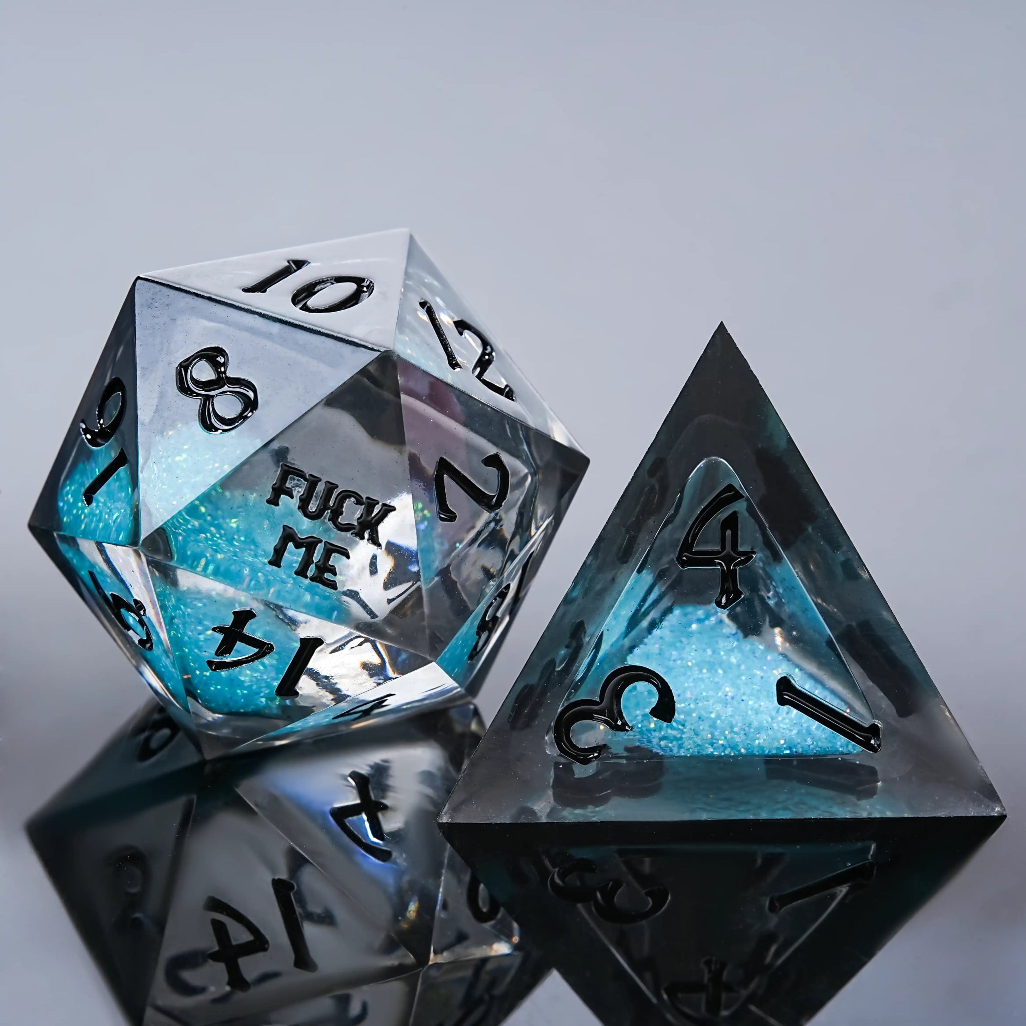 Kickstarter Dice - Me Blue Liquid Core Resin DND D20 Dice and D4 Dice with Engraved Black Numbers | Bear Dice