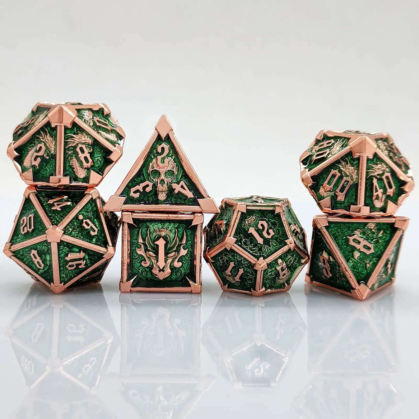 Gothic Mysticism - Starhorn Gold Edge Green Background Metal DND Dice Set - Dragon Head, Skull, Octopus | Bear Dice