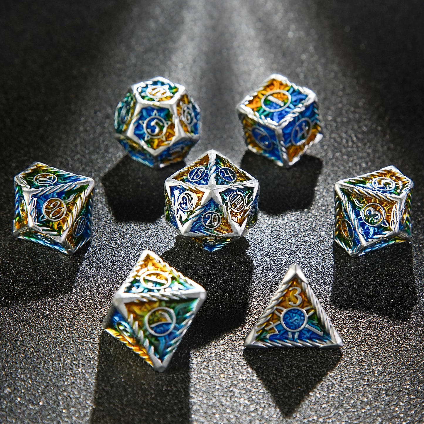 Sun Pattern Silver Solid Metal DND  Dice Set + Yellow and Blue Colorway | Bear Dice