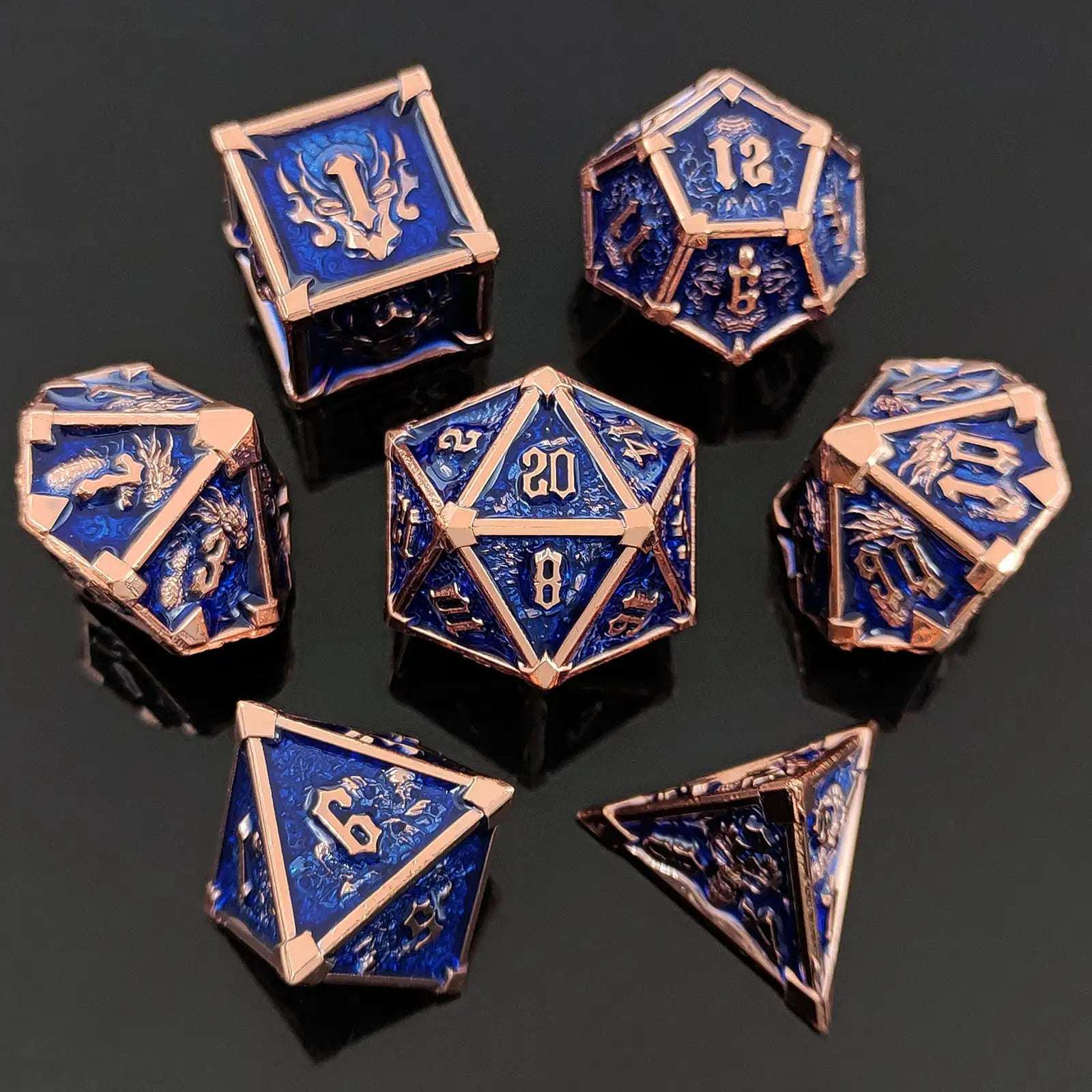 Gothic Mysticism - Star Horn Gold Blue Metallic DND Dice Set - Dragon Head, Skull, Octopus | Bear Dice