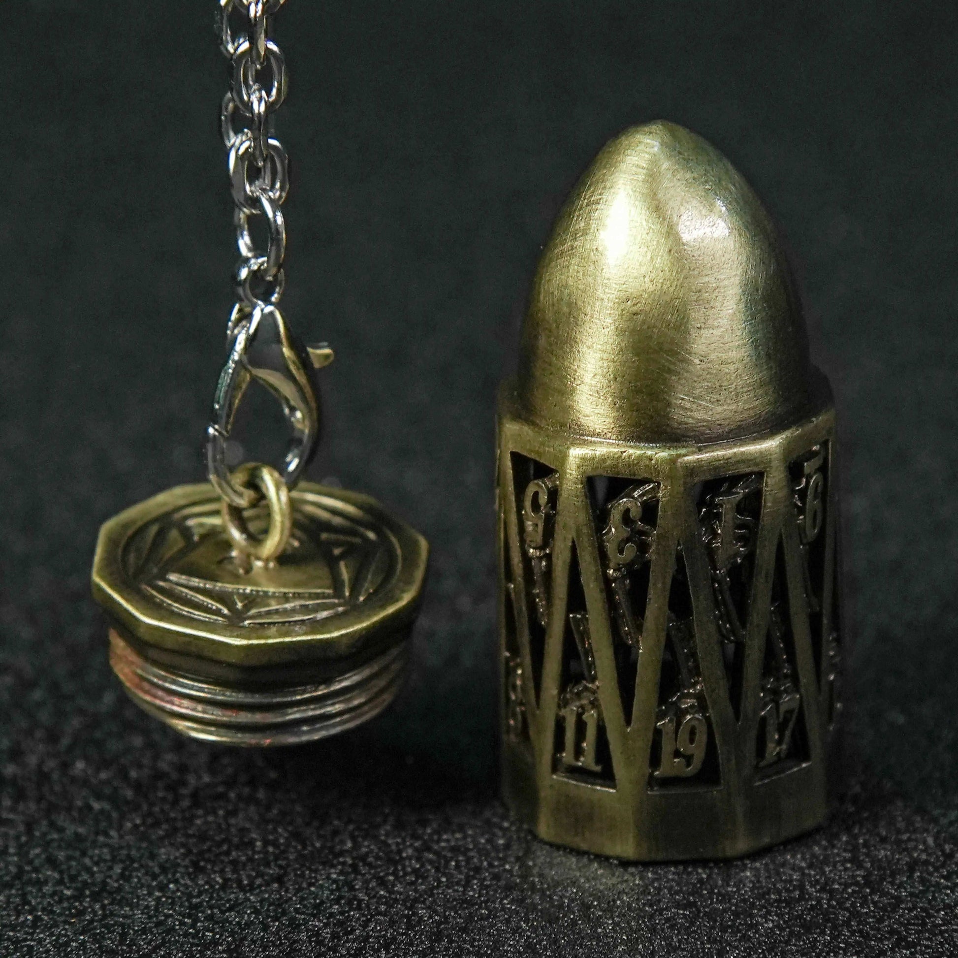 Roleplaying for the Soul: Antique Bronze Metal Bullet Dice Cage Pendant+metal mini dice set | Bear Dice
