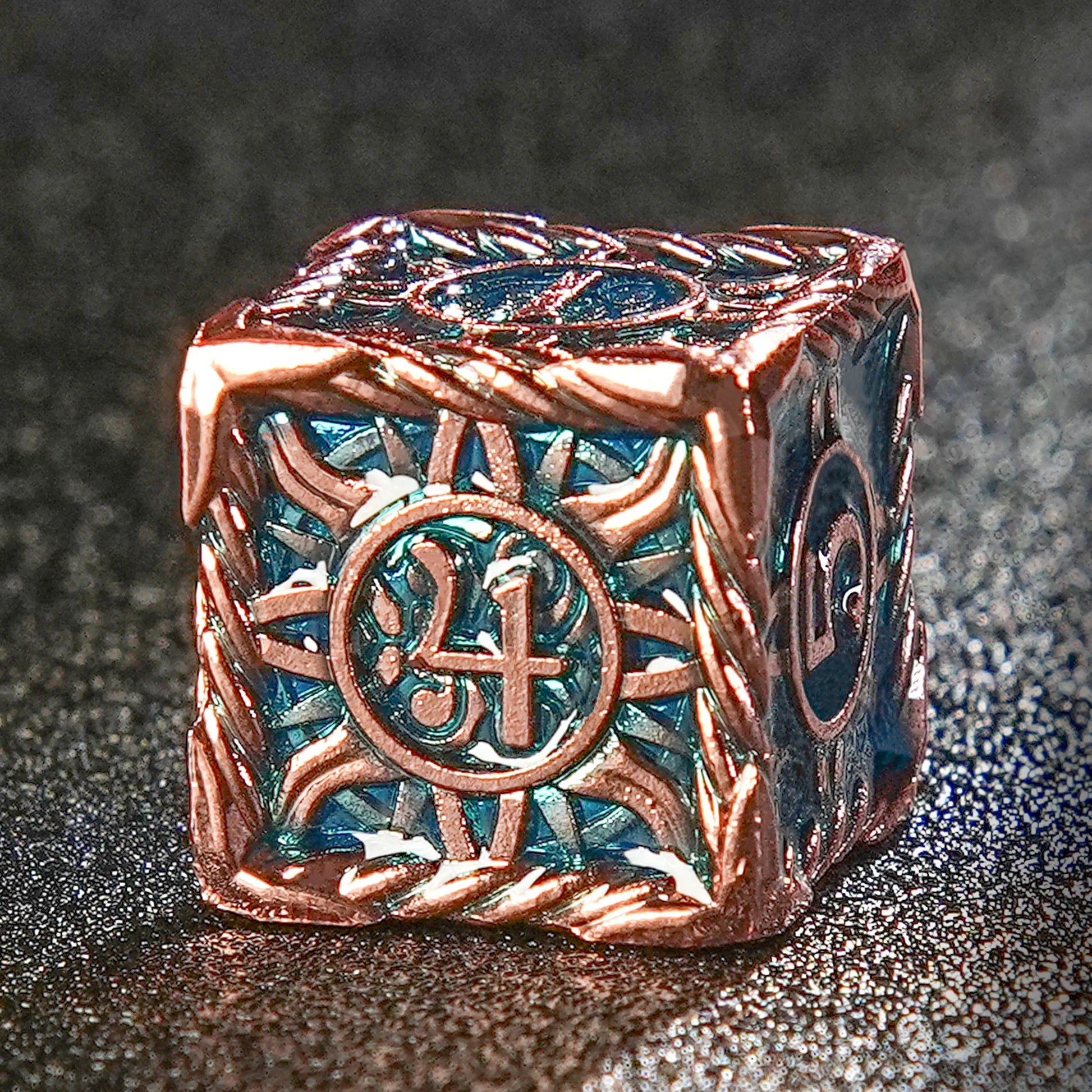 Sun Pattern Antique Red Copper Blue Metal DND D6 Dice | Bear Dice