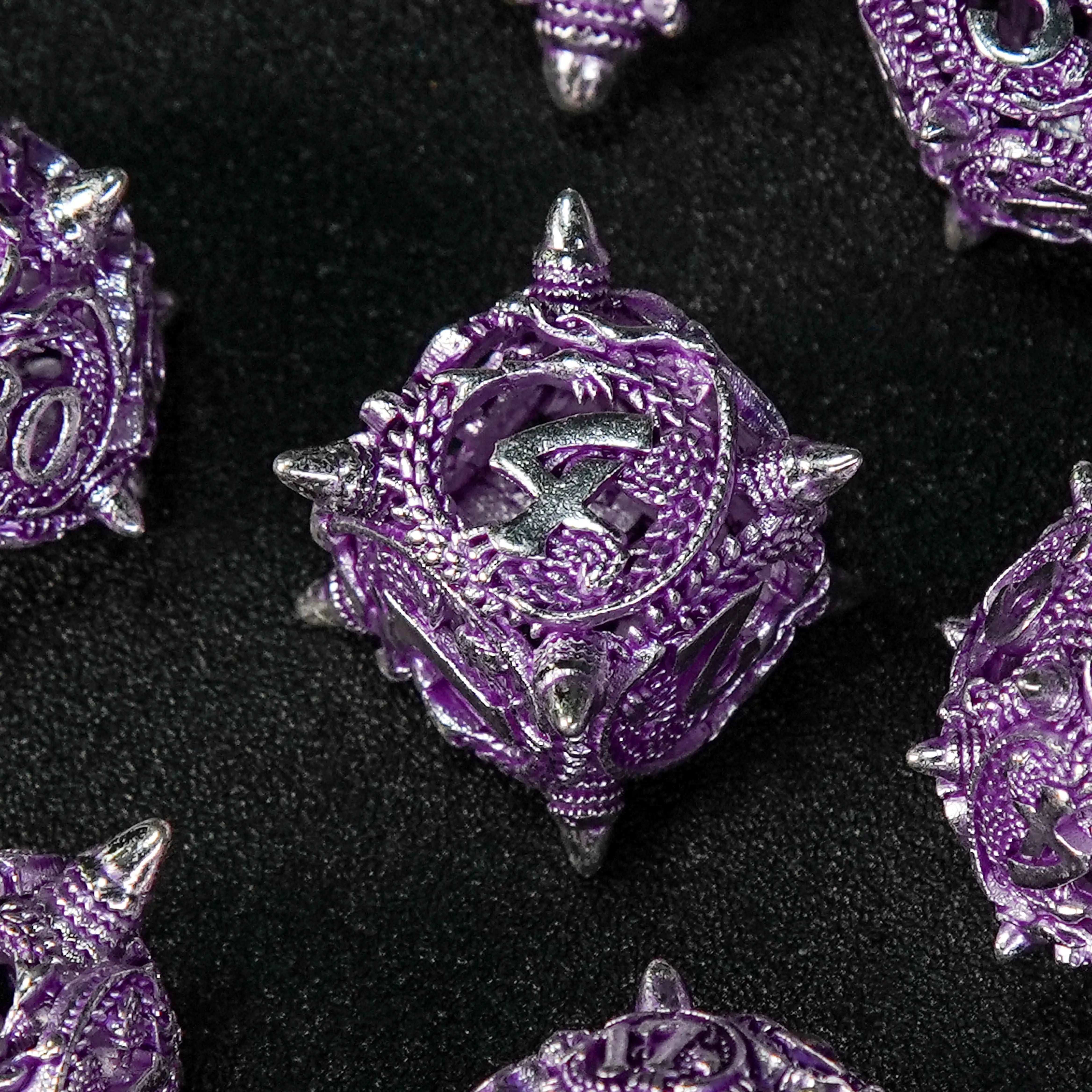 Bullet-shaped skeletonized metal dnd D4 dice  + silver purple  | Bear Dice
