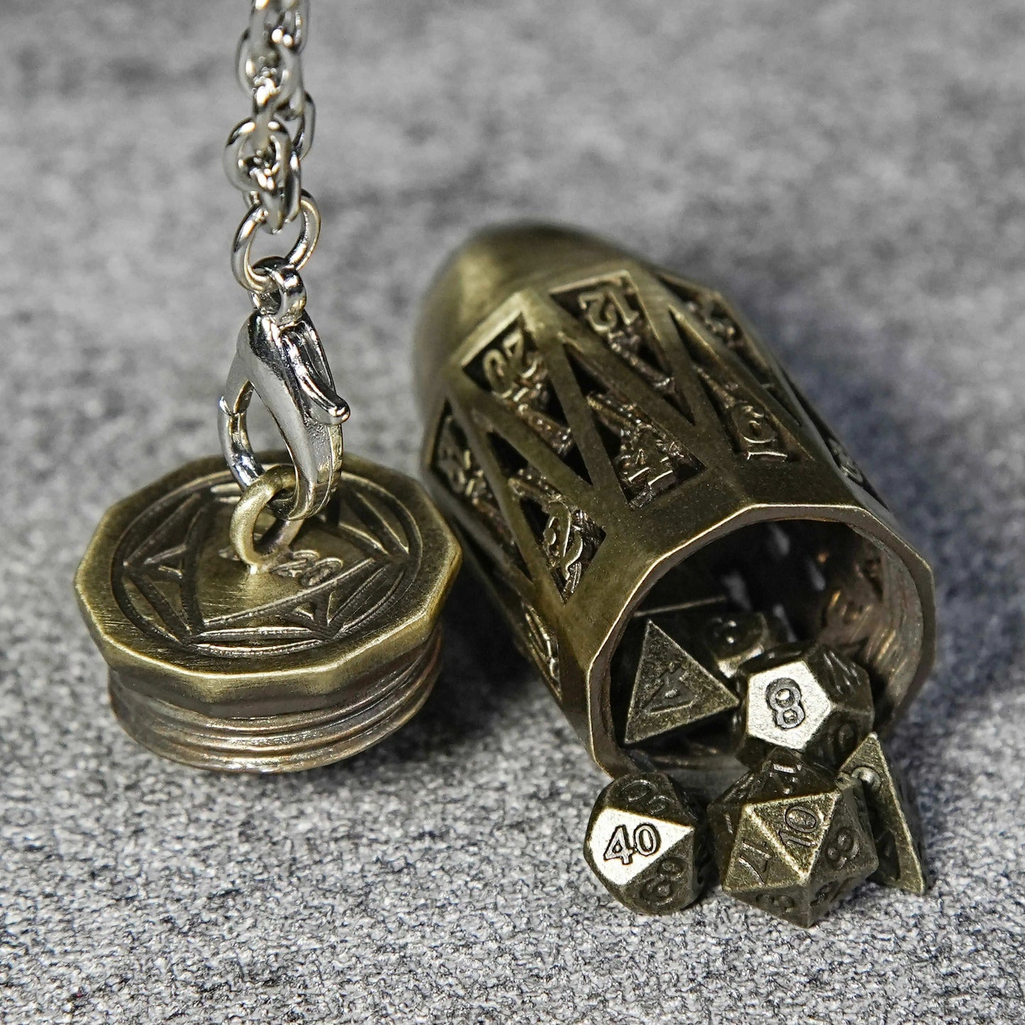 Roleplaying for the Soul: Antique Bronze Metal Bullet Dice Cage Pendant+metal mini dice set | Bear Dice
