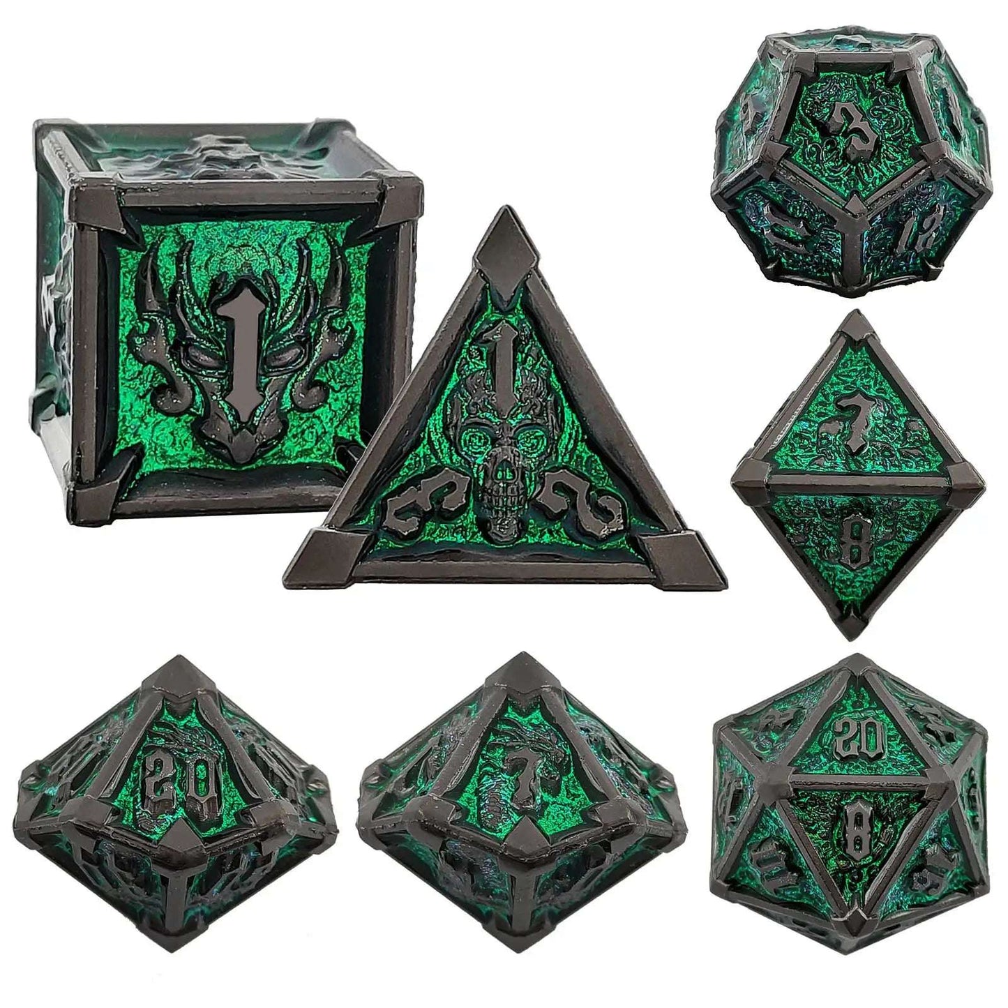 Gothic Mysticism - Star Corner Black Border Fluorescent Green Metal DND Dice Set - Dragon Head, Skull, Octopus | Bear Dice