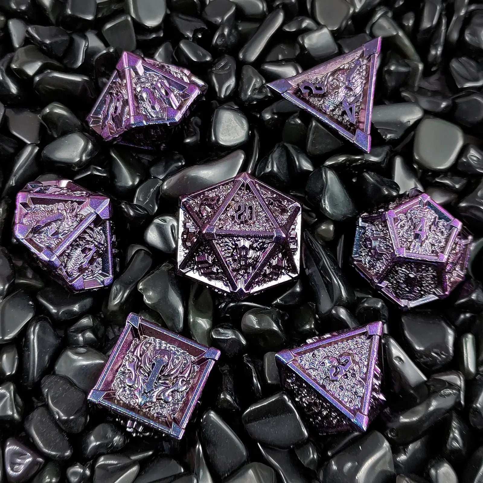 Gothic Mysticism - Star Horn Purple Metal DND dice set - Dragon Head, Skull, Octopus | Bear Dice