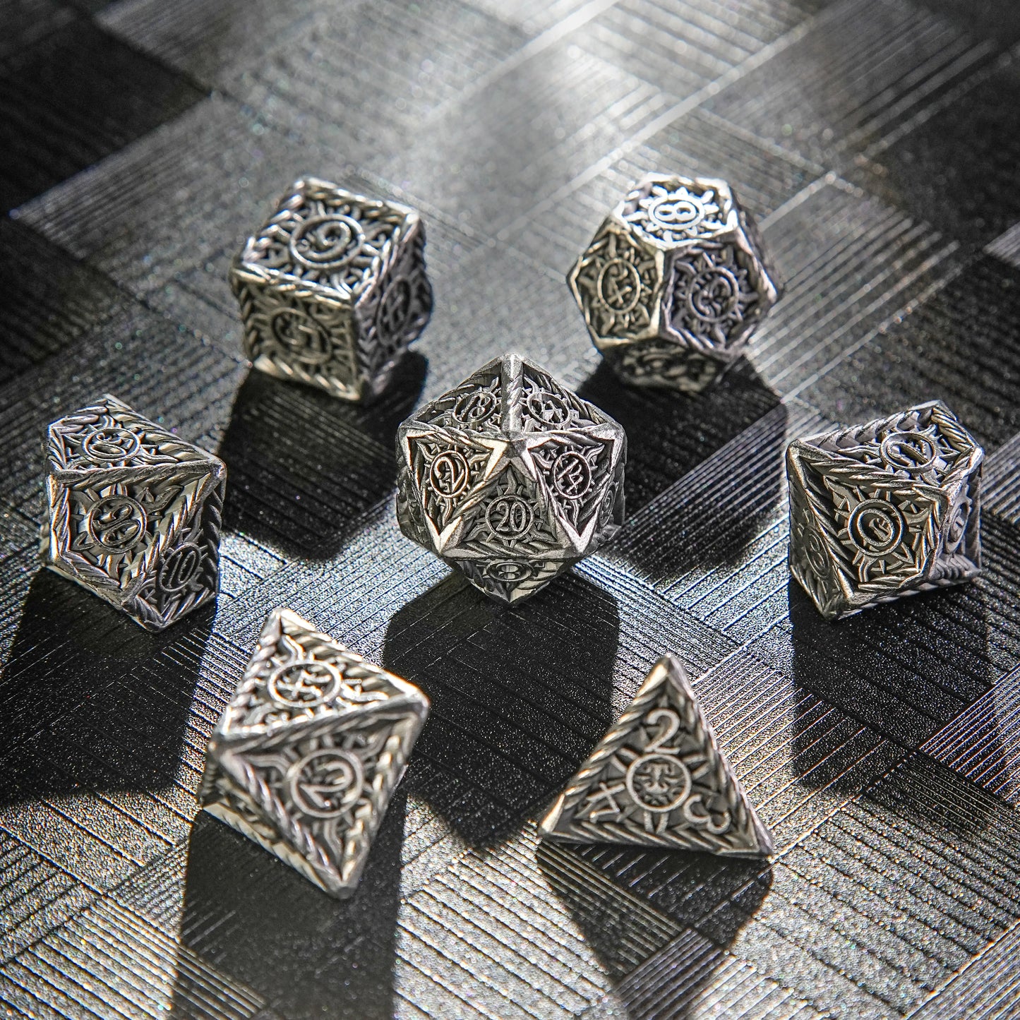 DND Antique Nickel Sun Metal Polyhedron Dice Set | Bear Dice