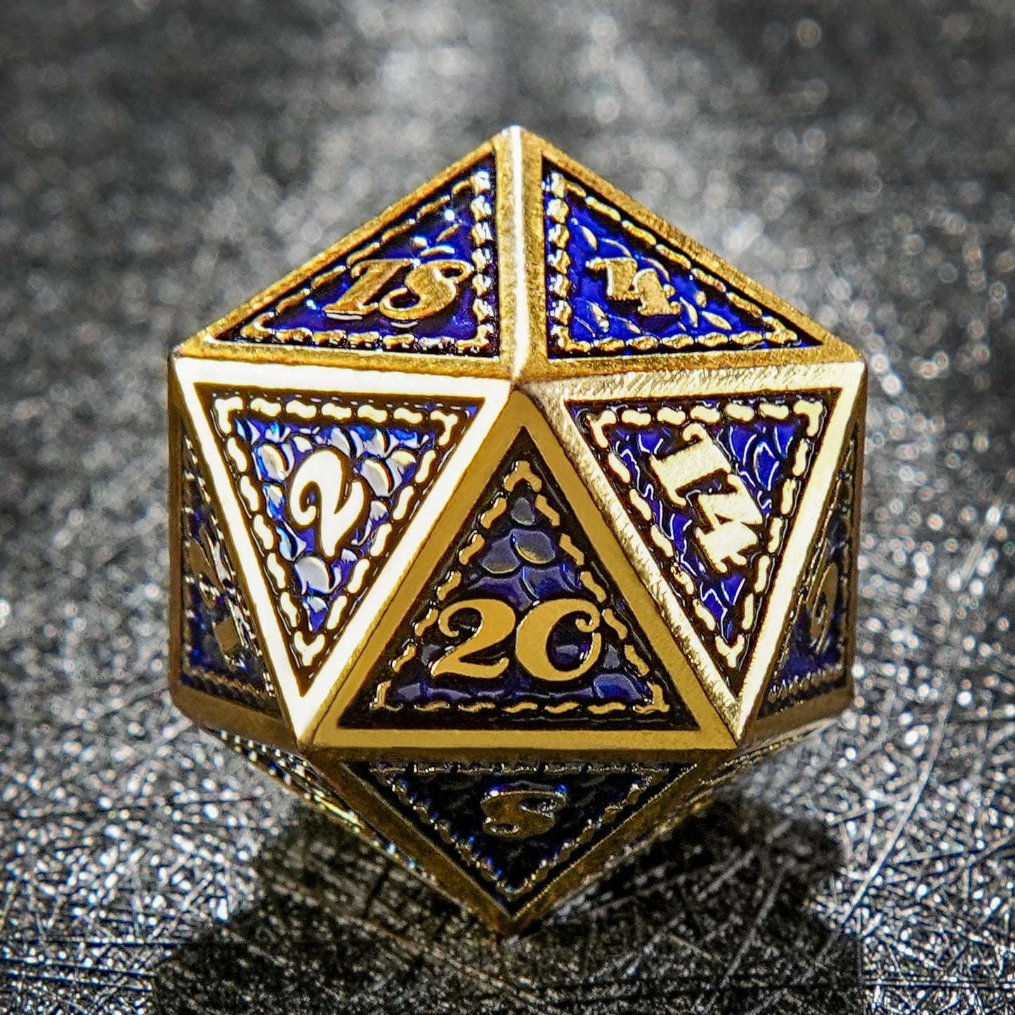 Vintage Luxury: Gold Blue Dragon Scale Metal DND D20 Dice | Bear Dice