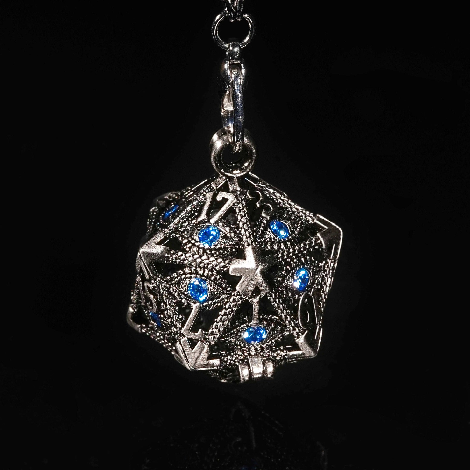 Sapphire Dragon Eye D20 Dice Cage Keychain + 7 Mini Metal Dice Set | Bear Dice
