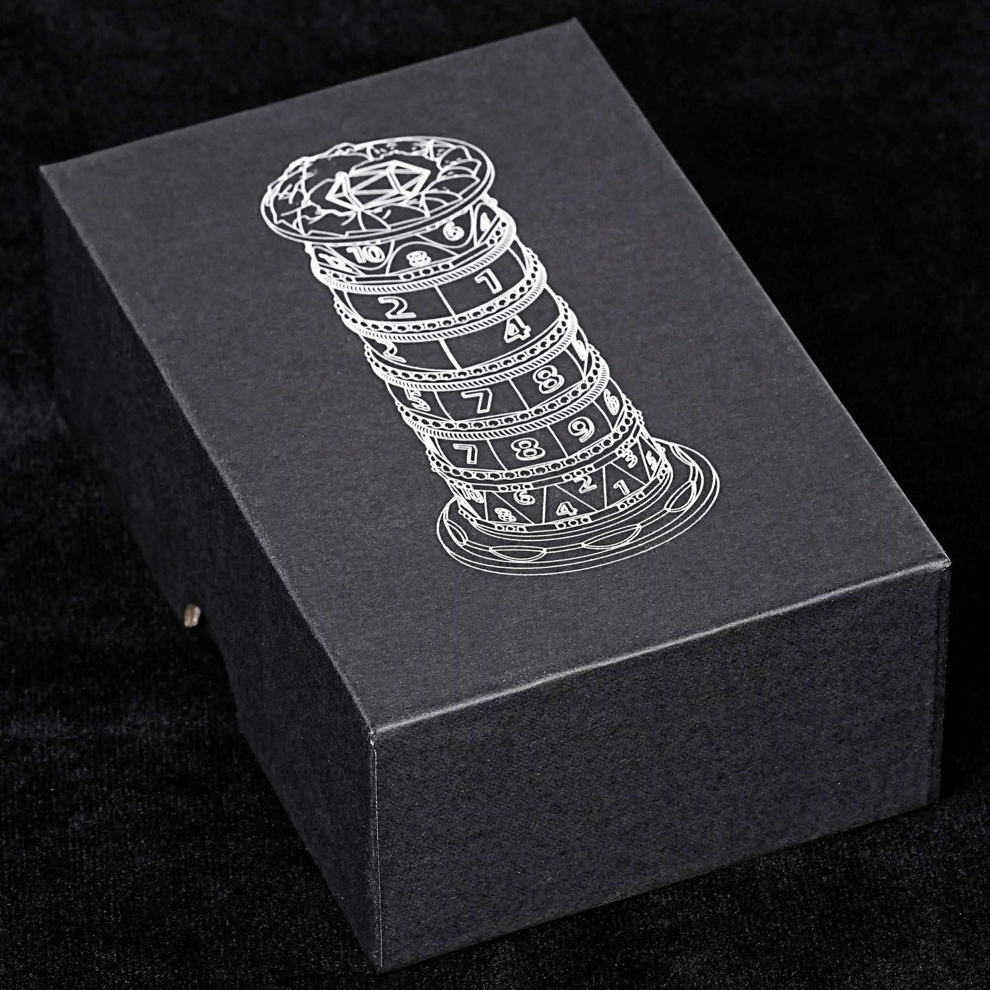 Unique dice tower: black cylinder multi-layer rotating metal dnd dice + red numbers +dice box| Bear Dice
