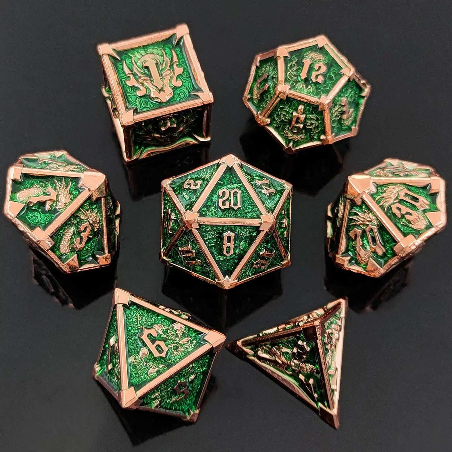 Gothic Mysticism - Starhorn Green Background Metallic DND Dice Set - Dragon Head, Skull, Octopus | Bear Dice