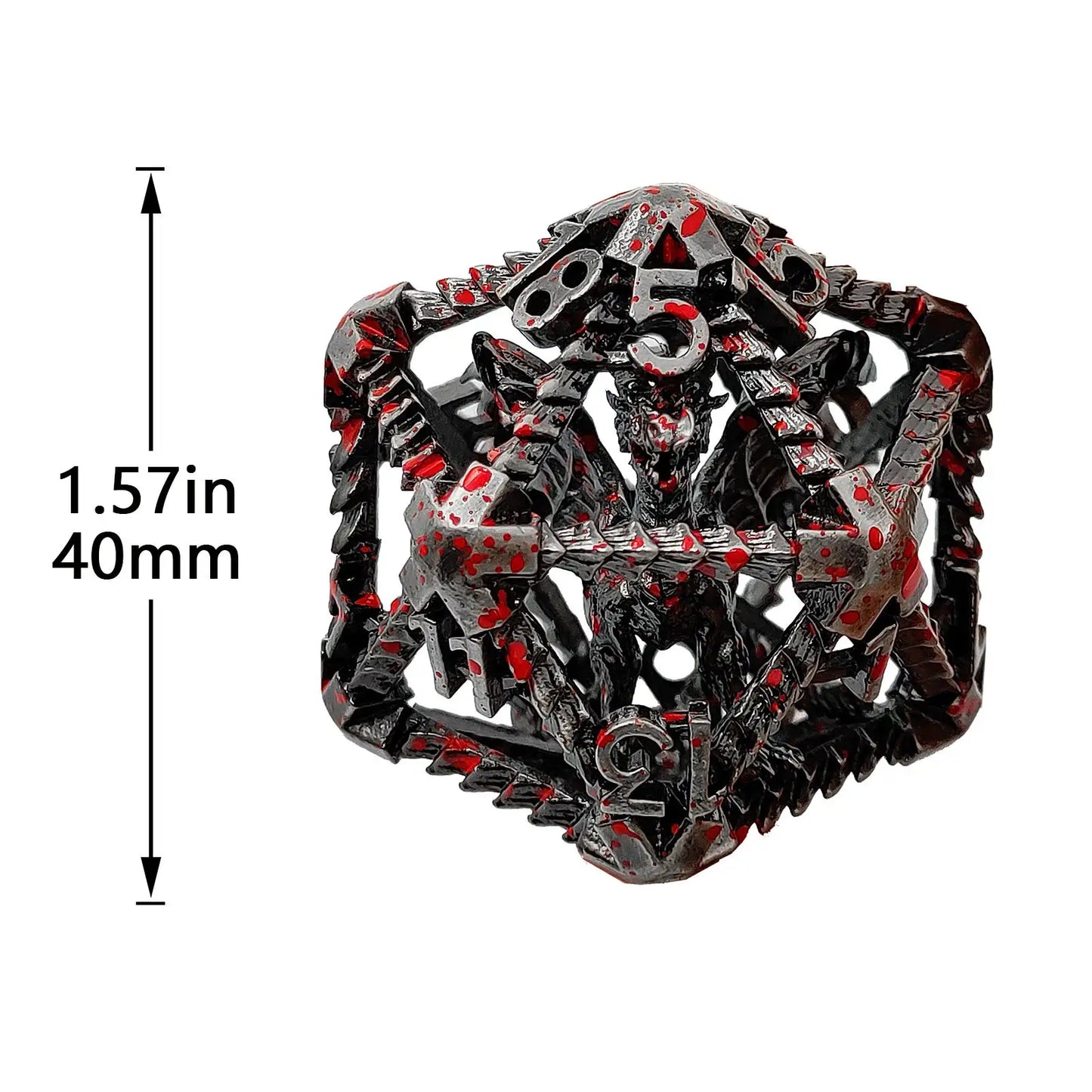 3D Metal Flying Dragon Hollow D20 Polyhedron Dice 40mm Dimensions Chart | Bear Dice
