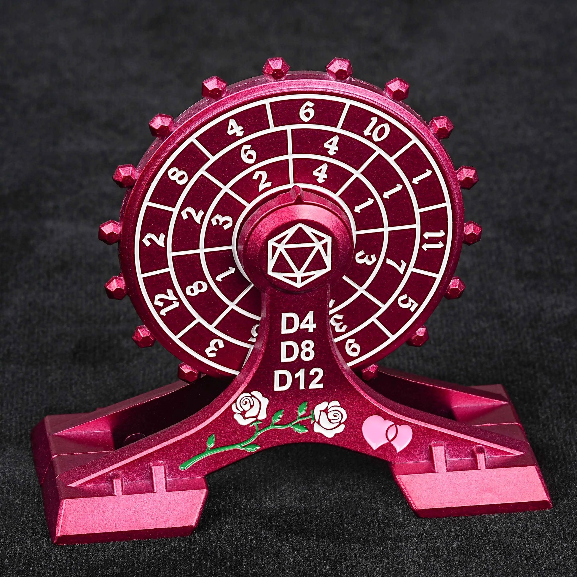 Metal DND Unique Dice: Red Rose Ferris Wheel Spin Dice - D4, D8, D12 | Bear Dice