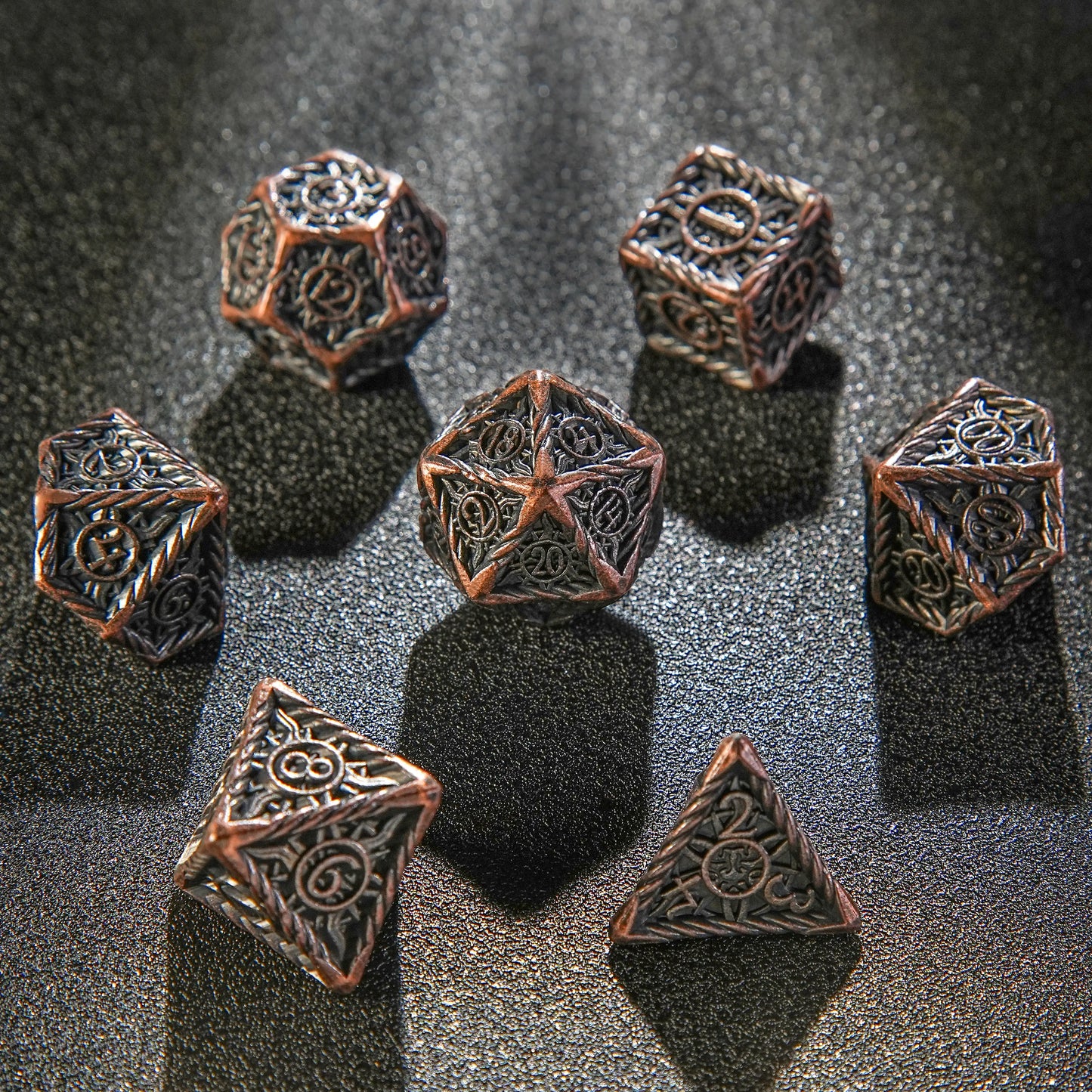 Helios Antique Red Copper Solid Metal DND Dice Set | Bear Dice