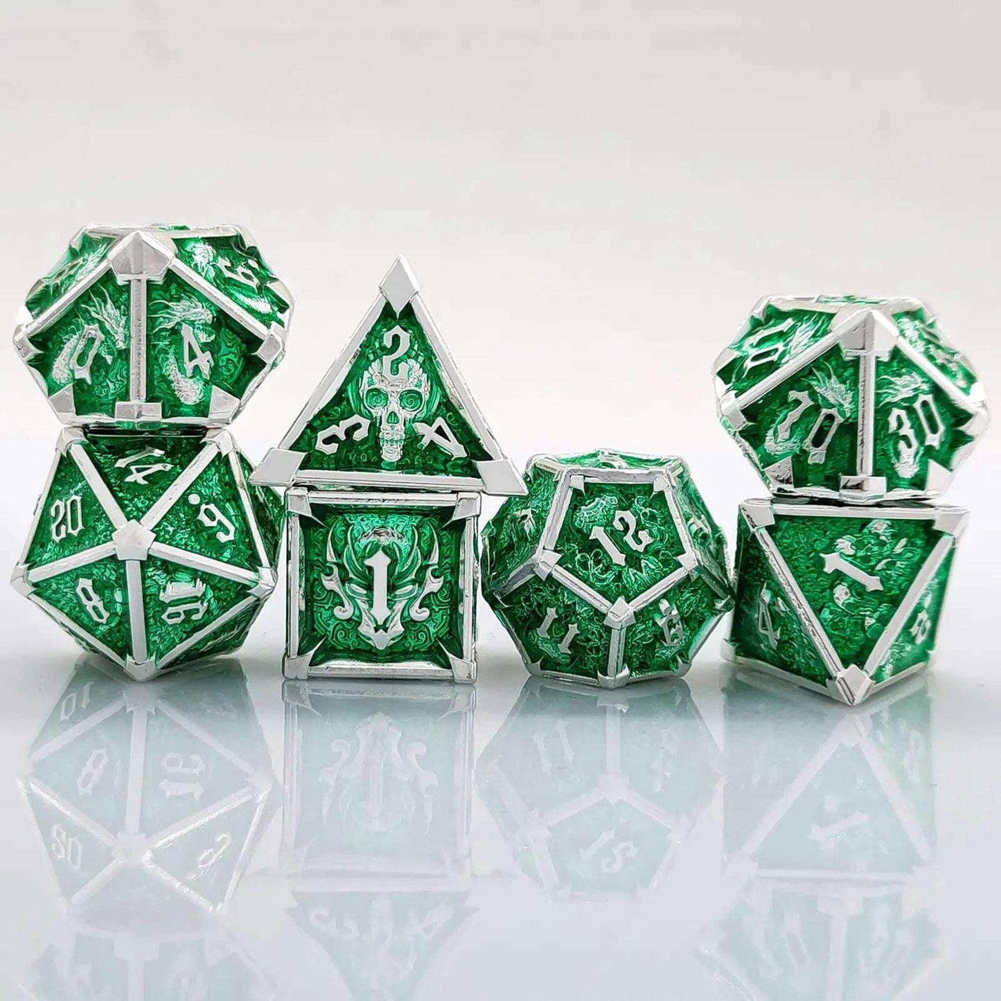 Gothic Mysticism - Star Horn Silver Edge Green Metal DND dice set - Dragon Head, Skull, Octopus | Bear Dice